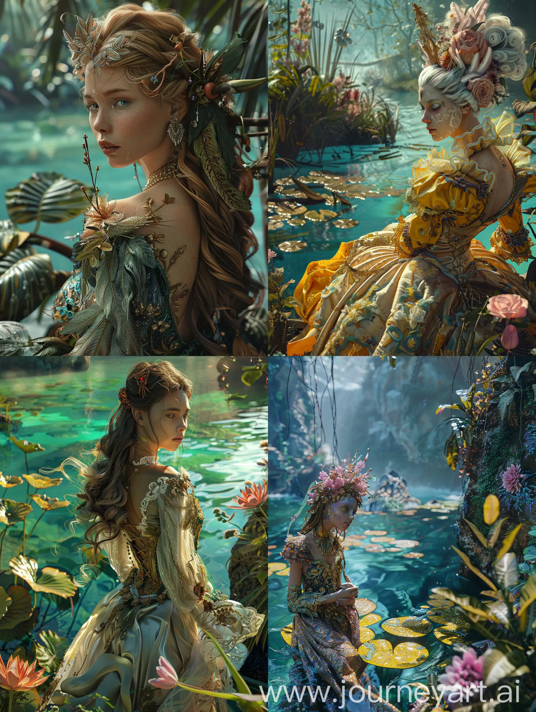 style by BRIAN OLDHAM: Magical Elf Lady in Baroque clothes on the banks of an aquamarine river, exotic plants and giant flowers grow on the banks, close-up, full frame, photorealism, volumetric rendering, cinematic lighting, super-complex details and textures, HDR rendering, AI 8K, hyperrealism, landscape photo, super masterpiece.