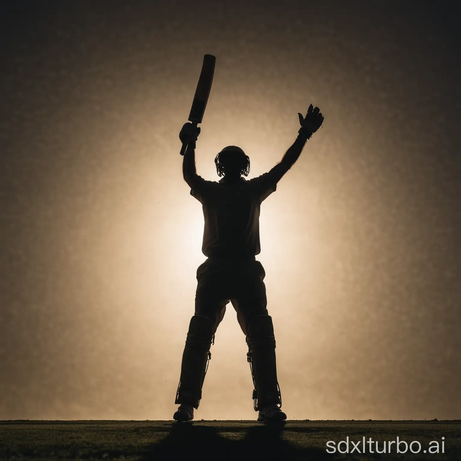 A silhouette of a cricket player celebrating after hitting a shot, with the bat raised triumphantly.