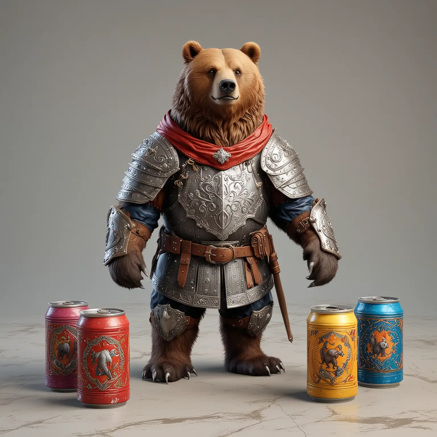 Realistic Cute Grizzly Knight Standing in Colorful Medieval Courtyard