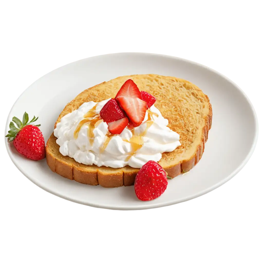 golden french toast, topped with whipped cream, strawberries and maple syrup on an oval white plate without a shadow on a transparent background
