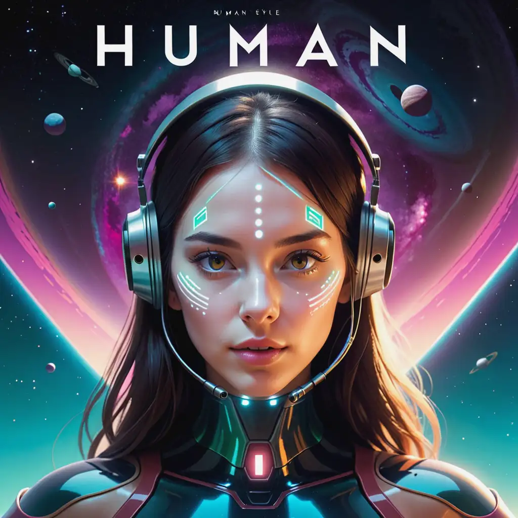 Genera la portada de un single titulado 'HUMAN' en estilo intergaláctico
