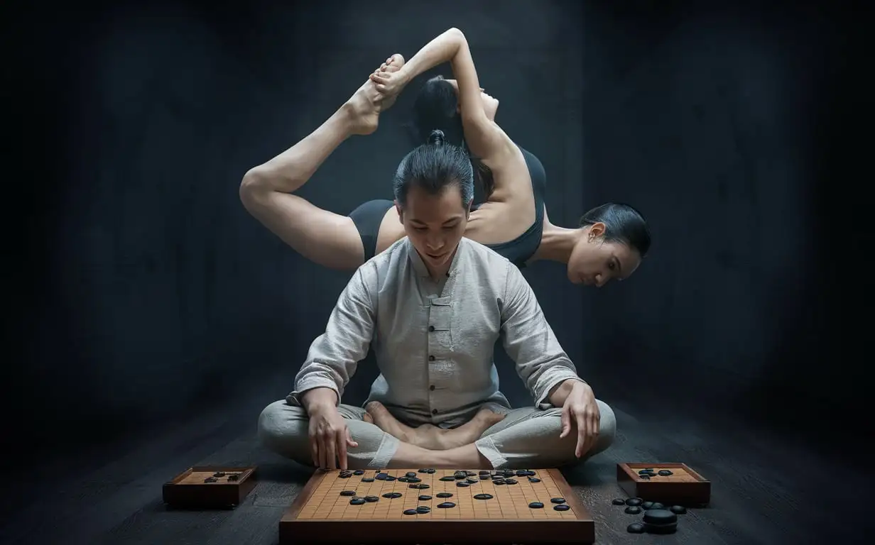 weiqi board person sit before it think a woman her leg hang above his head