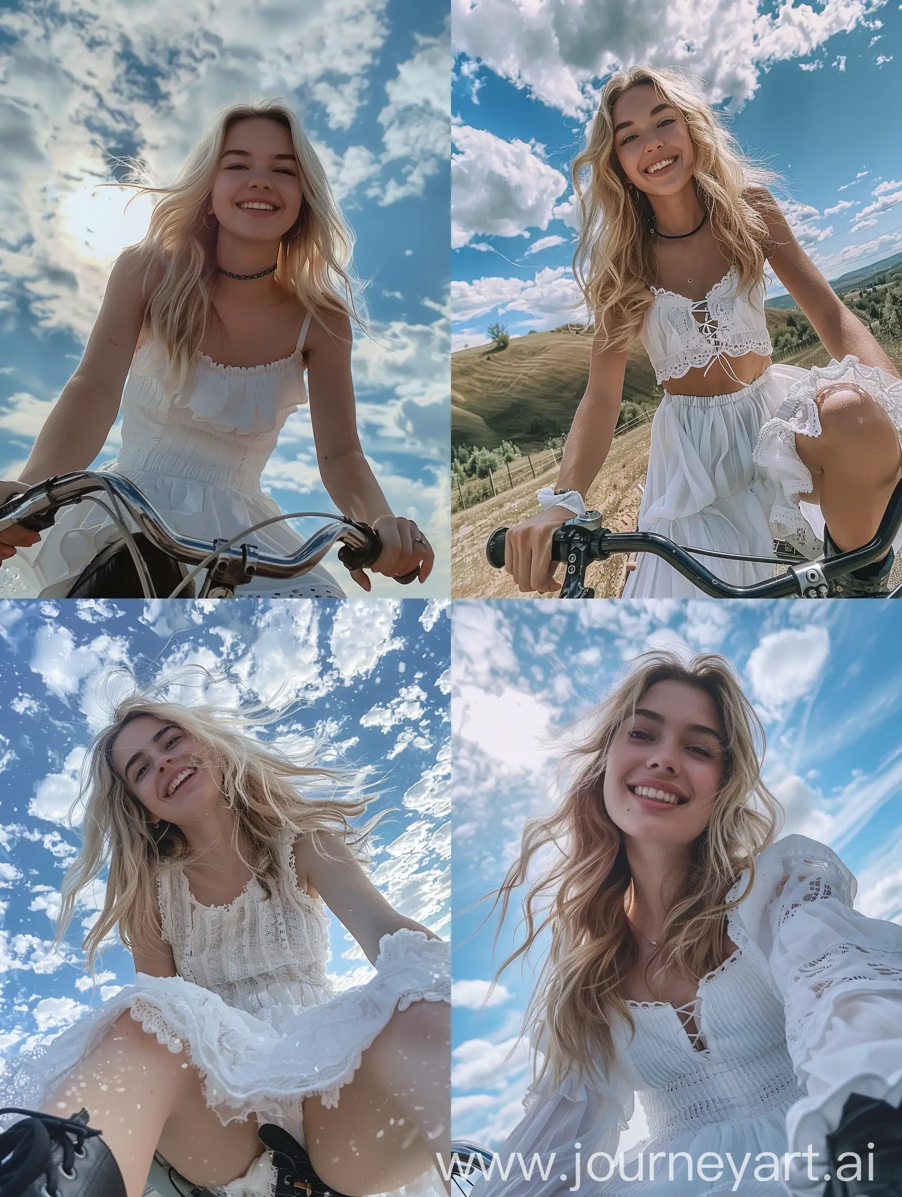 a girl, 22 years old, blonde hair, white dress, black boots, smiling, , sitting on a bicycle, no effects, selfie , iphone selfie, no filters, natural , iphone photo natural, camera down angle, sky view, down view