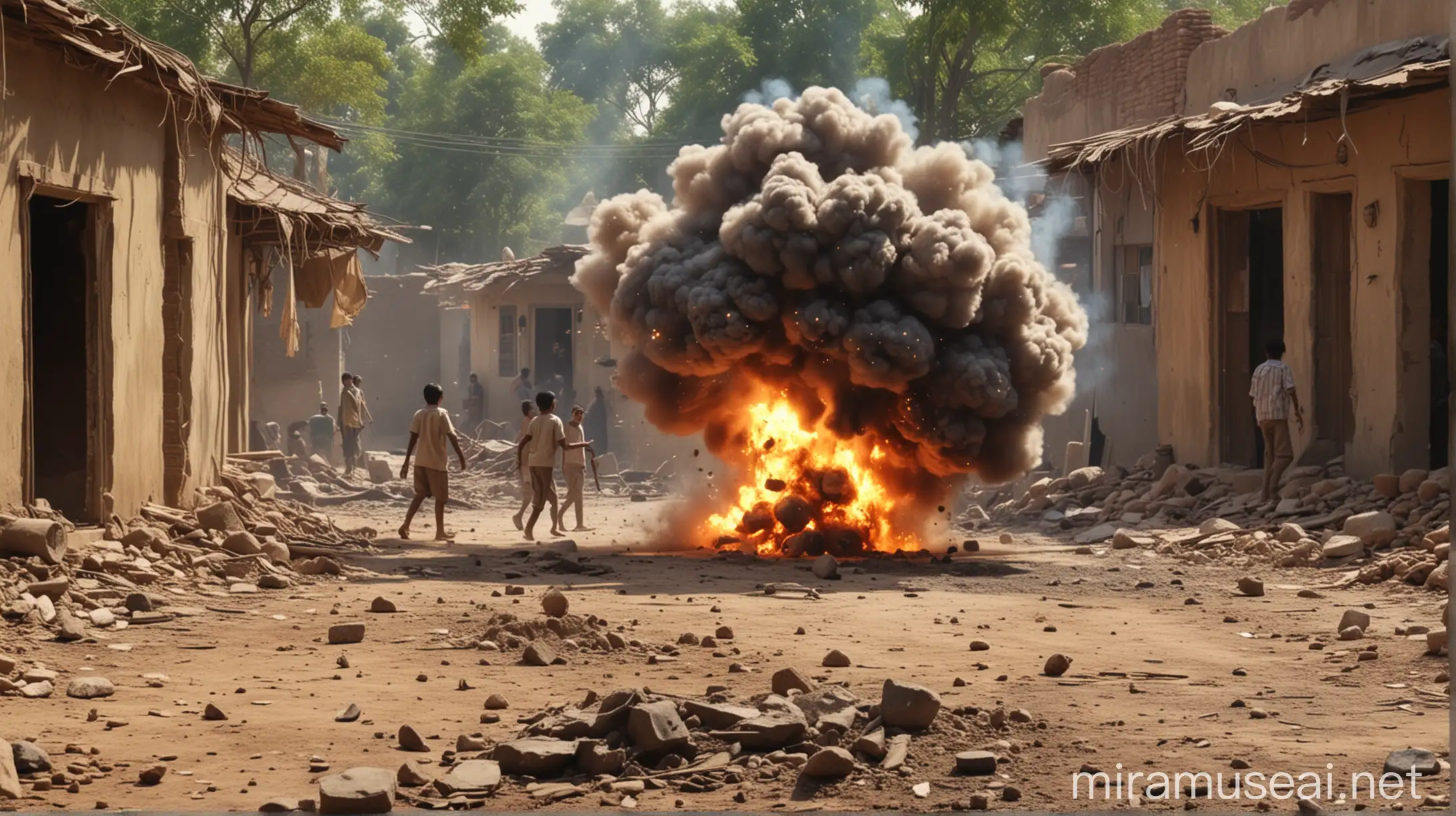 mini bomb explodes in indian village, some kids playing in background, hyper detailed,