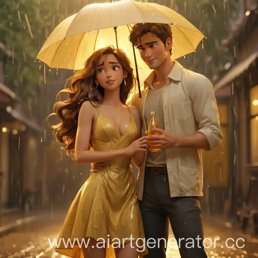 Elegant-Couple-Standing-Amidst-Golden-Rain-Holding-a-Bottle