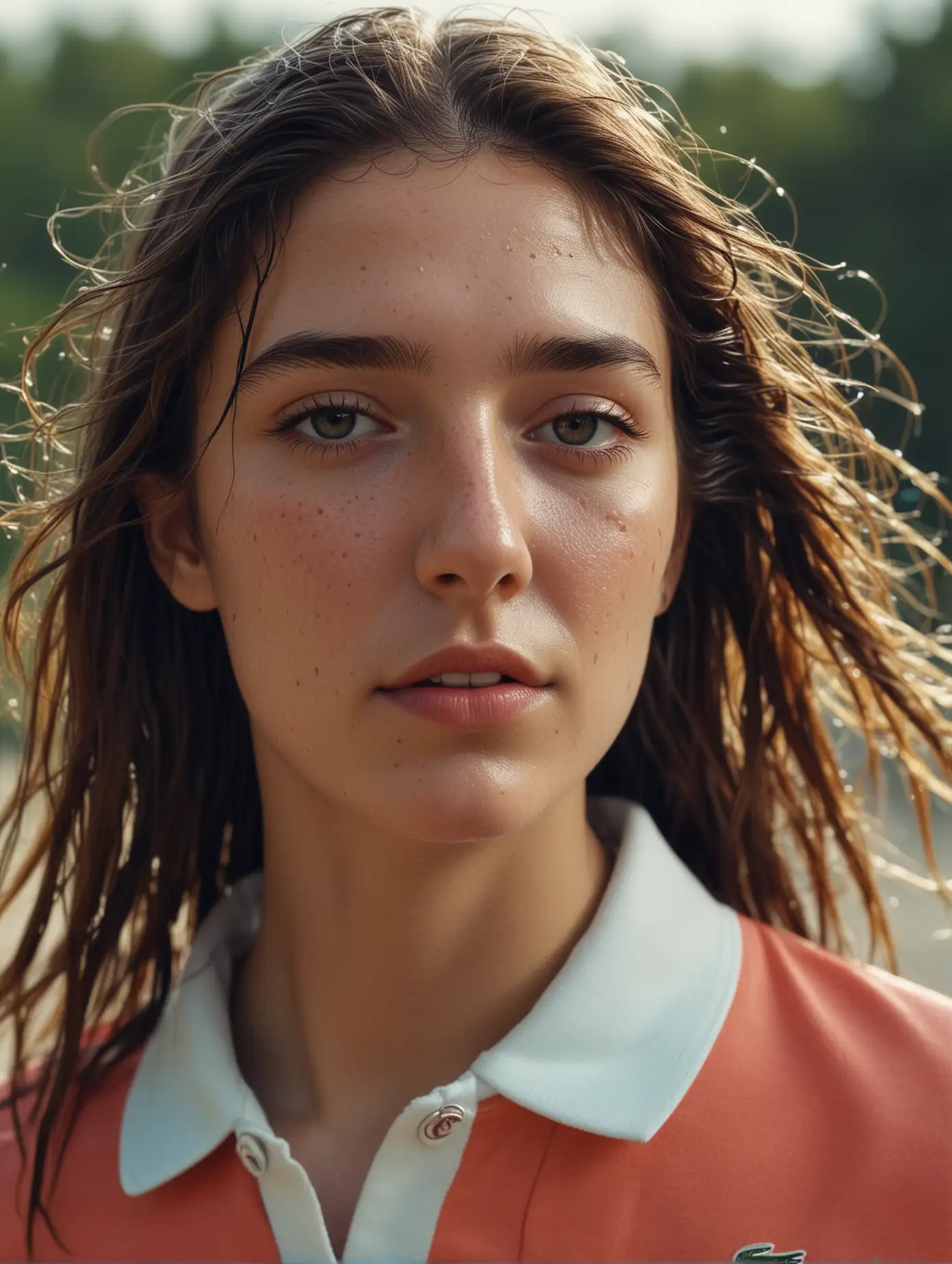 close up of beautiful natural woman, she is wearing lacoste colorful polo shirt, wet hair, a couple of freckels, outside, cinematic light, 8k, ultra realistic, logo is correct, picture is taken from below and with a very wide angle lens