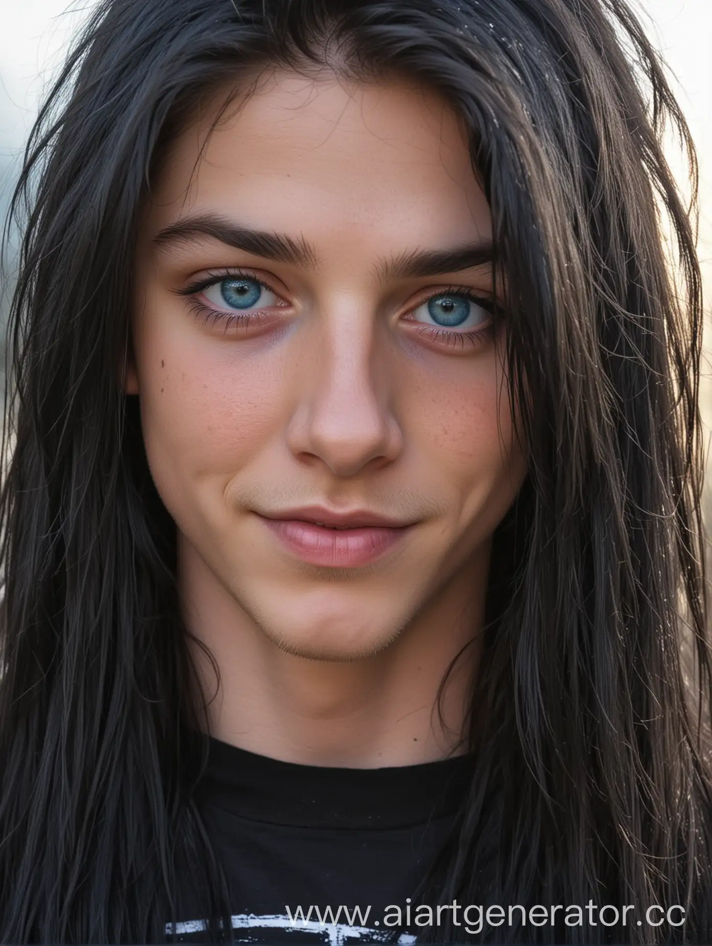 The guy is 15 years old, soft facial features, big blue eyes, long black hair, beautiful pretty appearance, metalhead, bruises under the eyes, smile