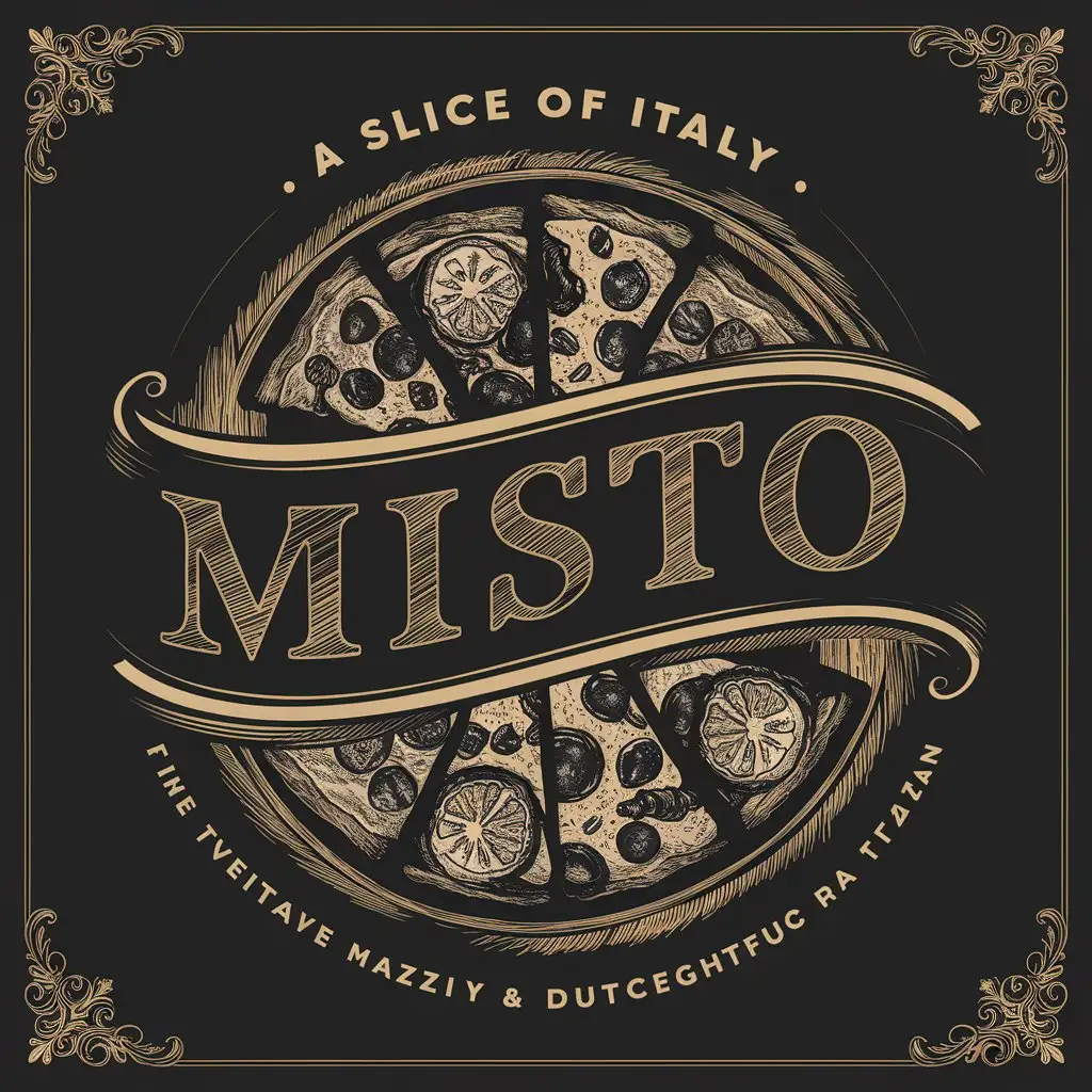 Misto Pizzeria, Menu, Black Menu, Gold Vintage menu, Classic menu, Elegant menu, Sketched design menu Slogan, Slice of Italy, Pizzeria Menu, A4,