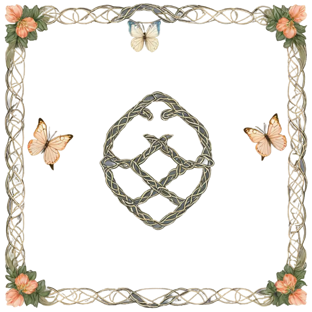 Celtic knot pattern, featuring flowers and butterflies all around its 4 corners in soft color, khaki tartan backgound