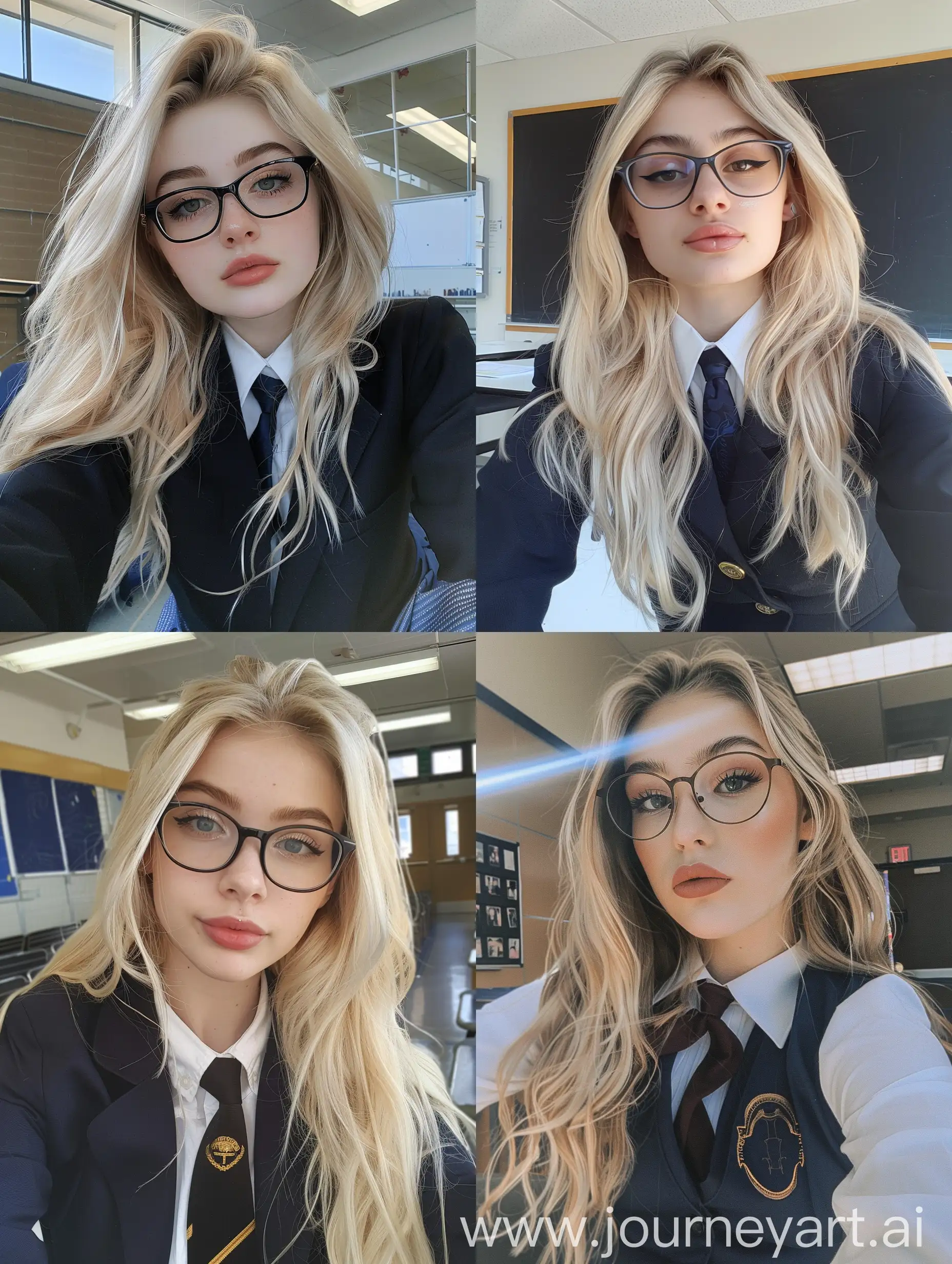 full shot of a woman, glasses, , selfie, iphone selfie, , makeup, 18 years old, sitting, wearing school uniform, at school, blonde hair, beauty