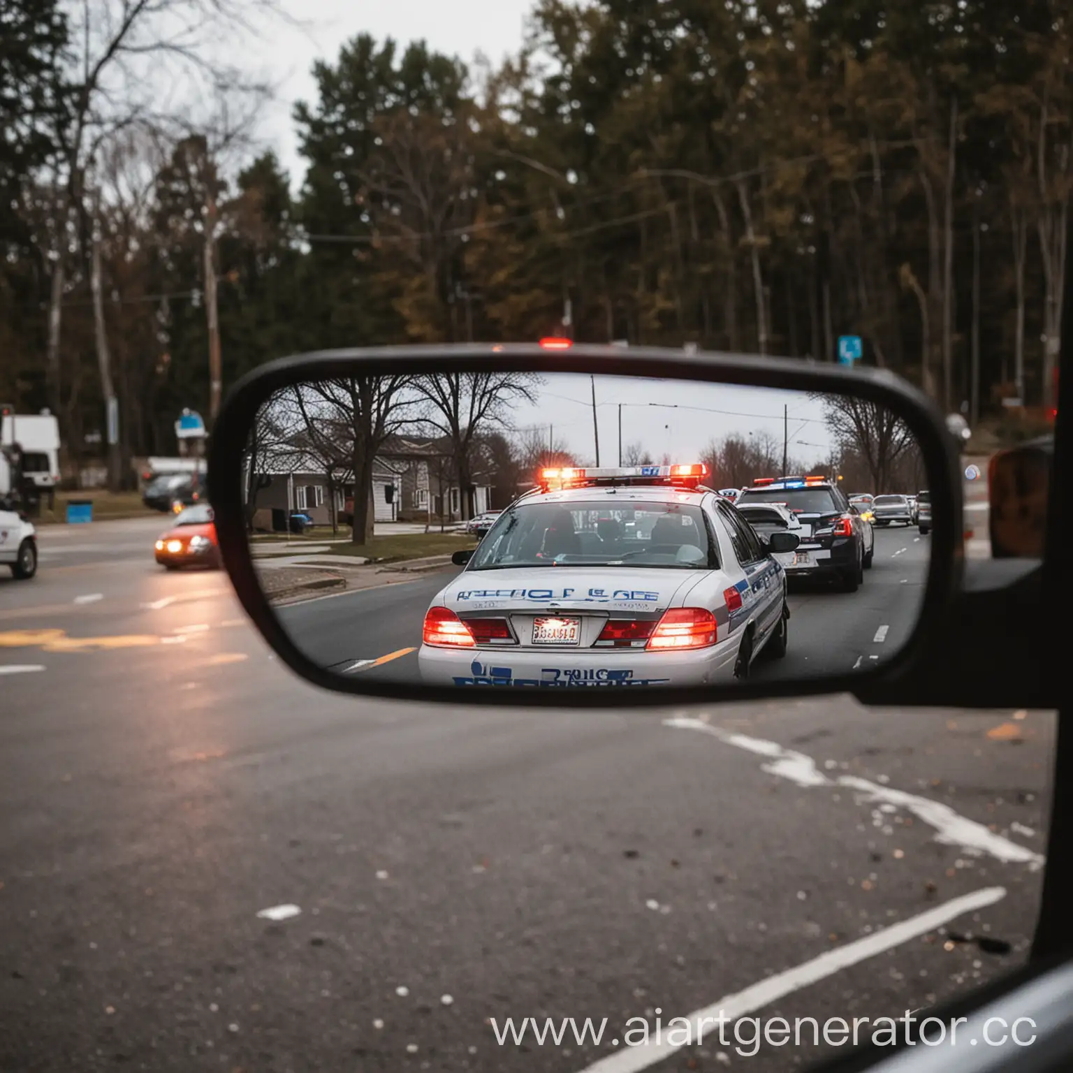 A police car with flashing lights is visible in the rearview mirror