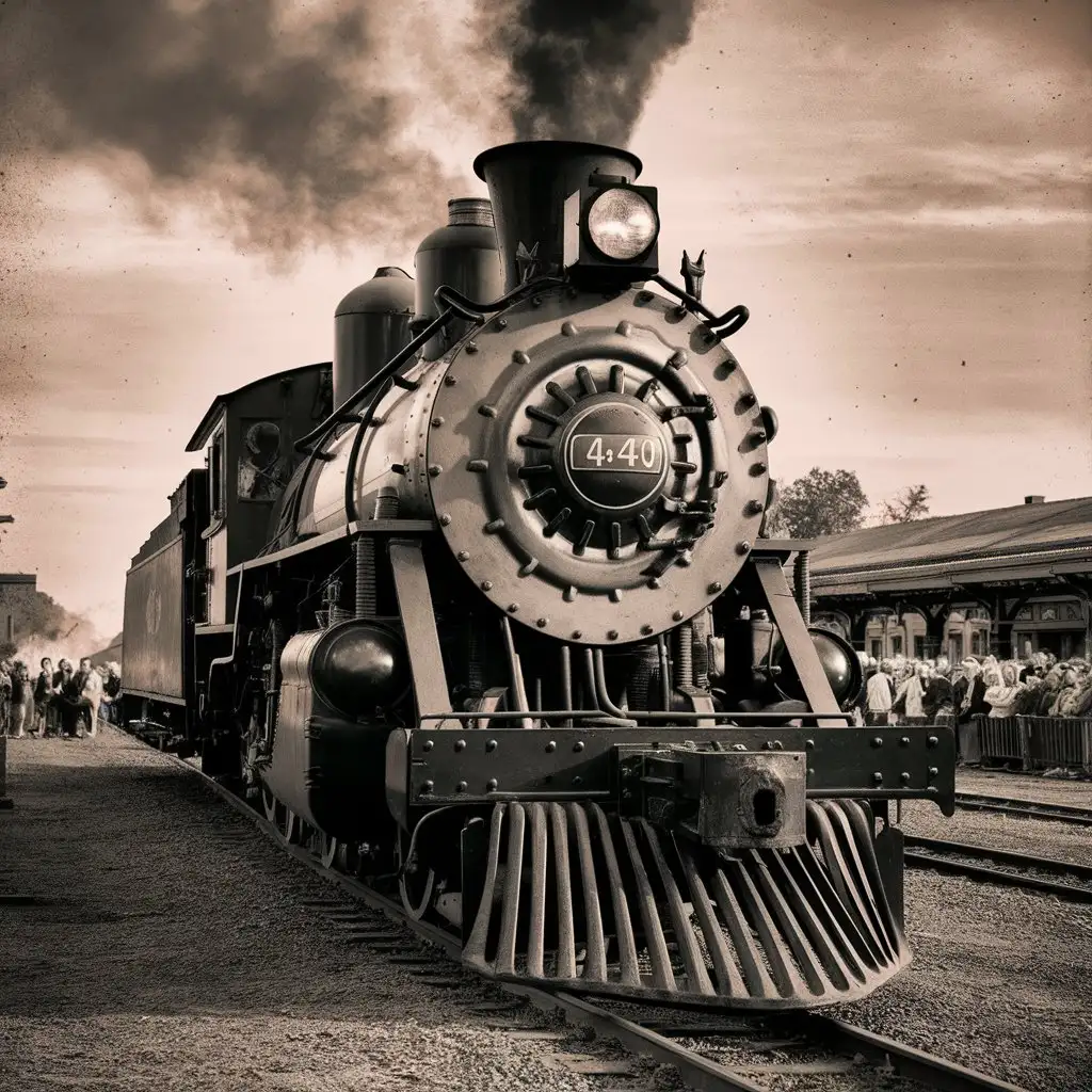 1864 American Standard Steam Locomotive Front Shot in Black and White