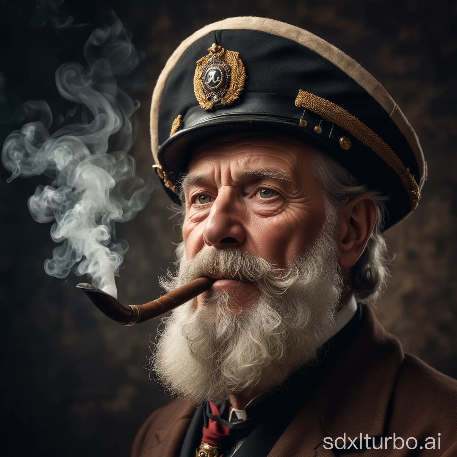 Photo super sharp. Portrait of an old captain with a pipe in his mouth and a captain's hat. He is supposed to have a full beard, his face is wrinkled. Smoke rises from the tobacco pipe.