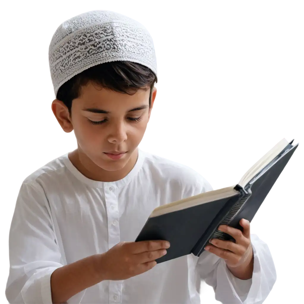 10 year boy reading Quran in masjid  and wearing a white dress