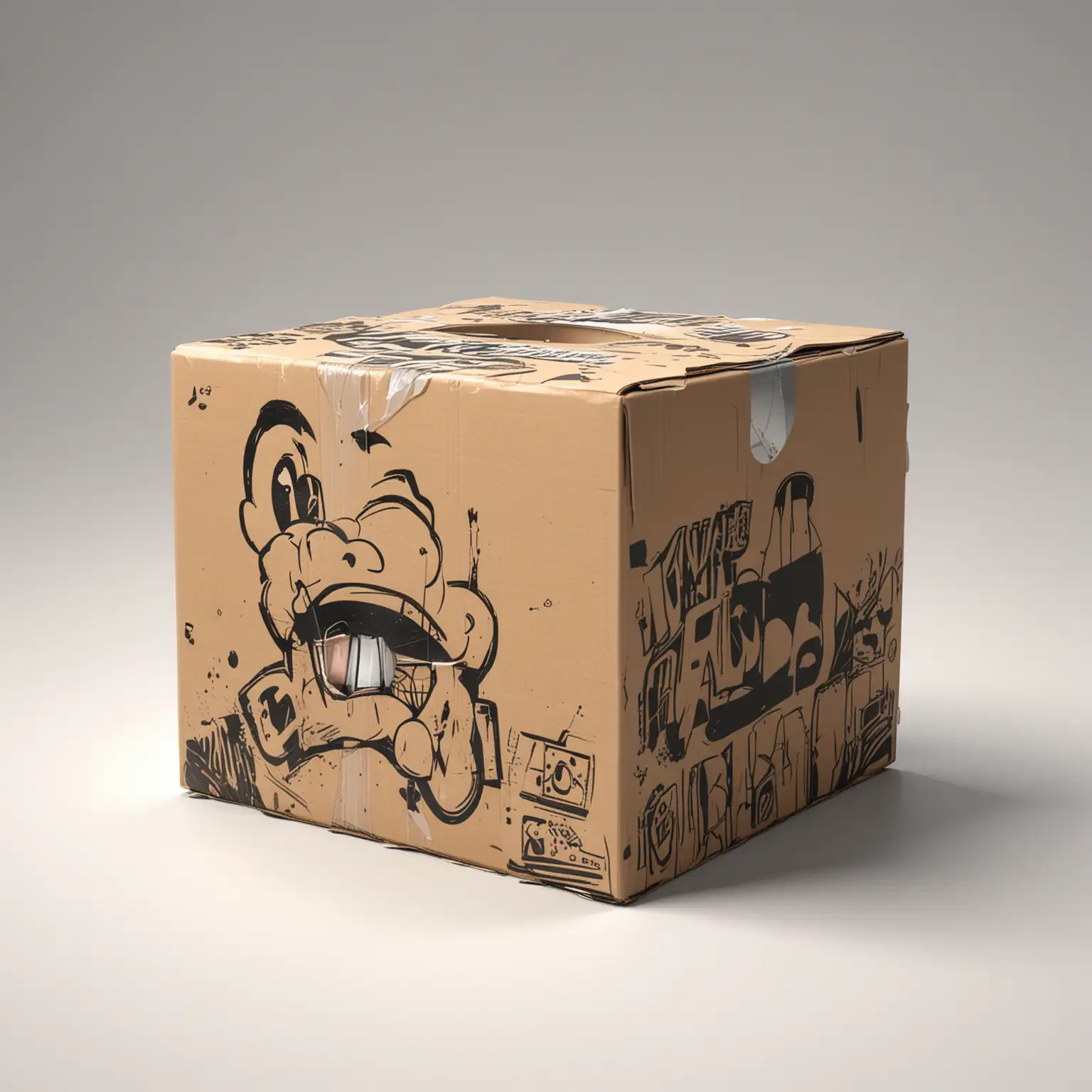 ultra realistic 3d cartoon style CLOSED CARDBOARD BOX WITH DUCT TAPE ON IT AND GRAFFITI ALL OVER IT SITTING ON A WHITE BACKGROUND