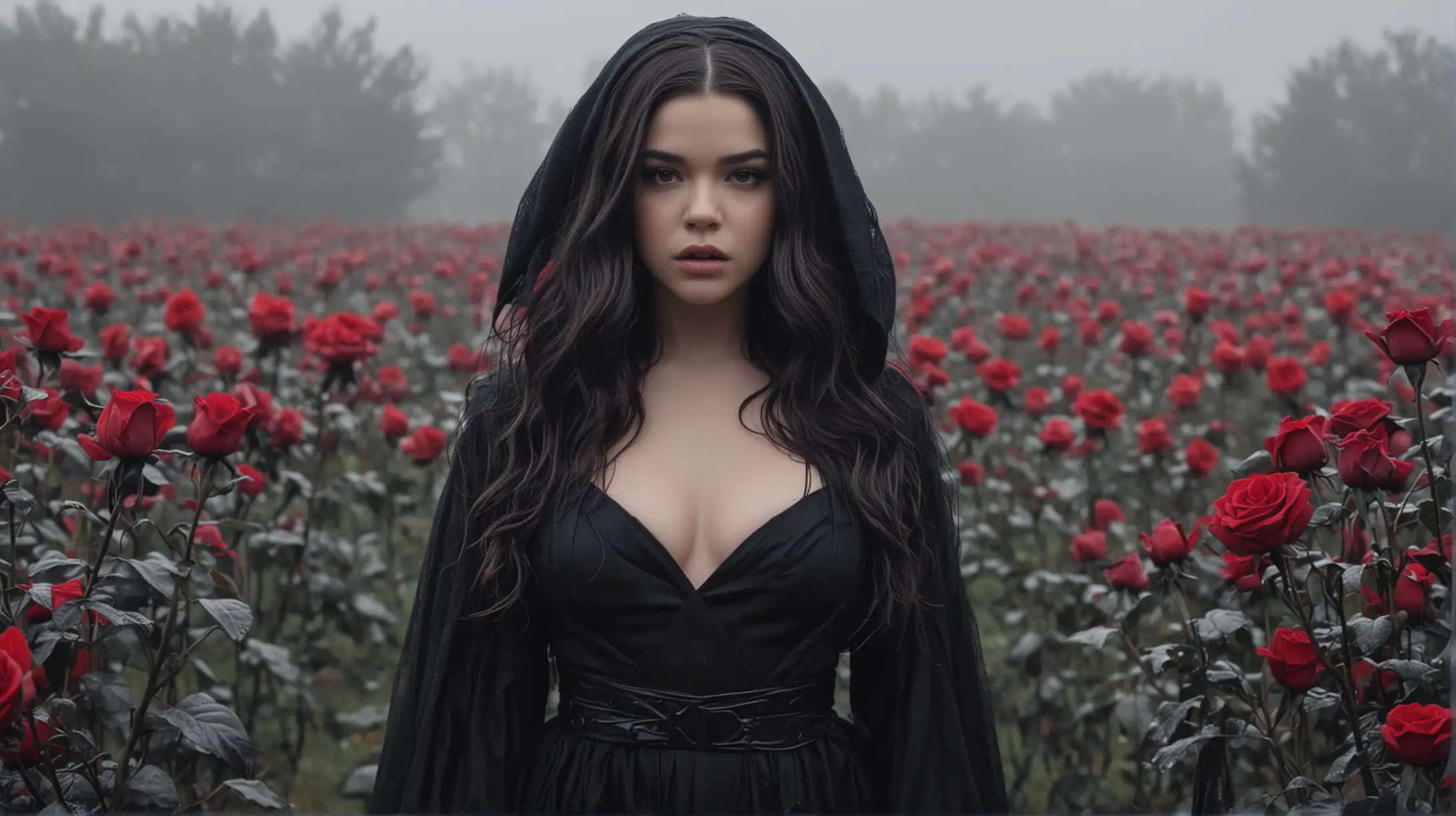 Gothic Jedi Woman in Black Robes amidst Red and Black Roses Field