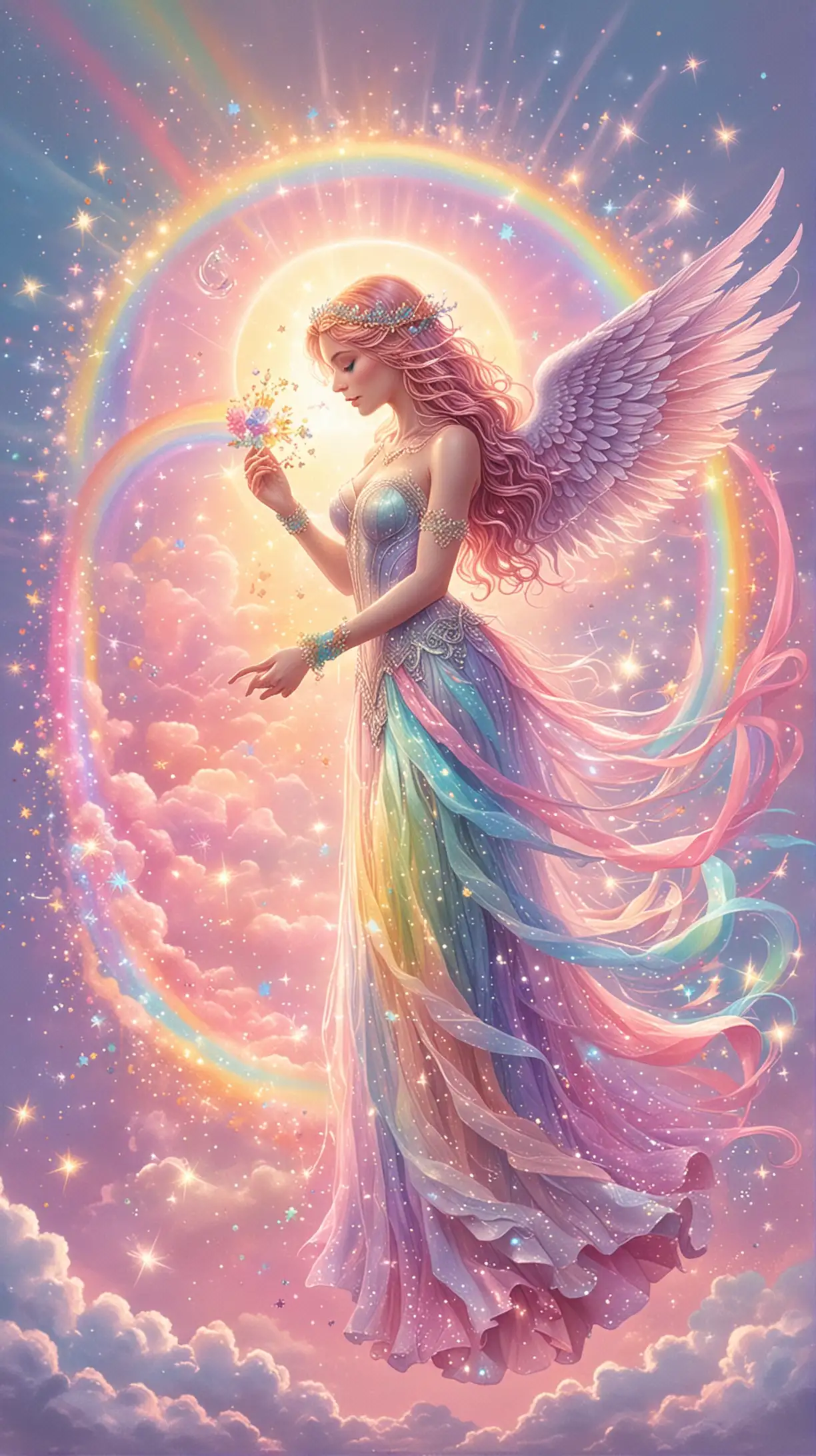 please create a pastel rainbow magical sparkly artwork that depicts how each individual is made of the divine and limitlessly worthy of love
