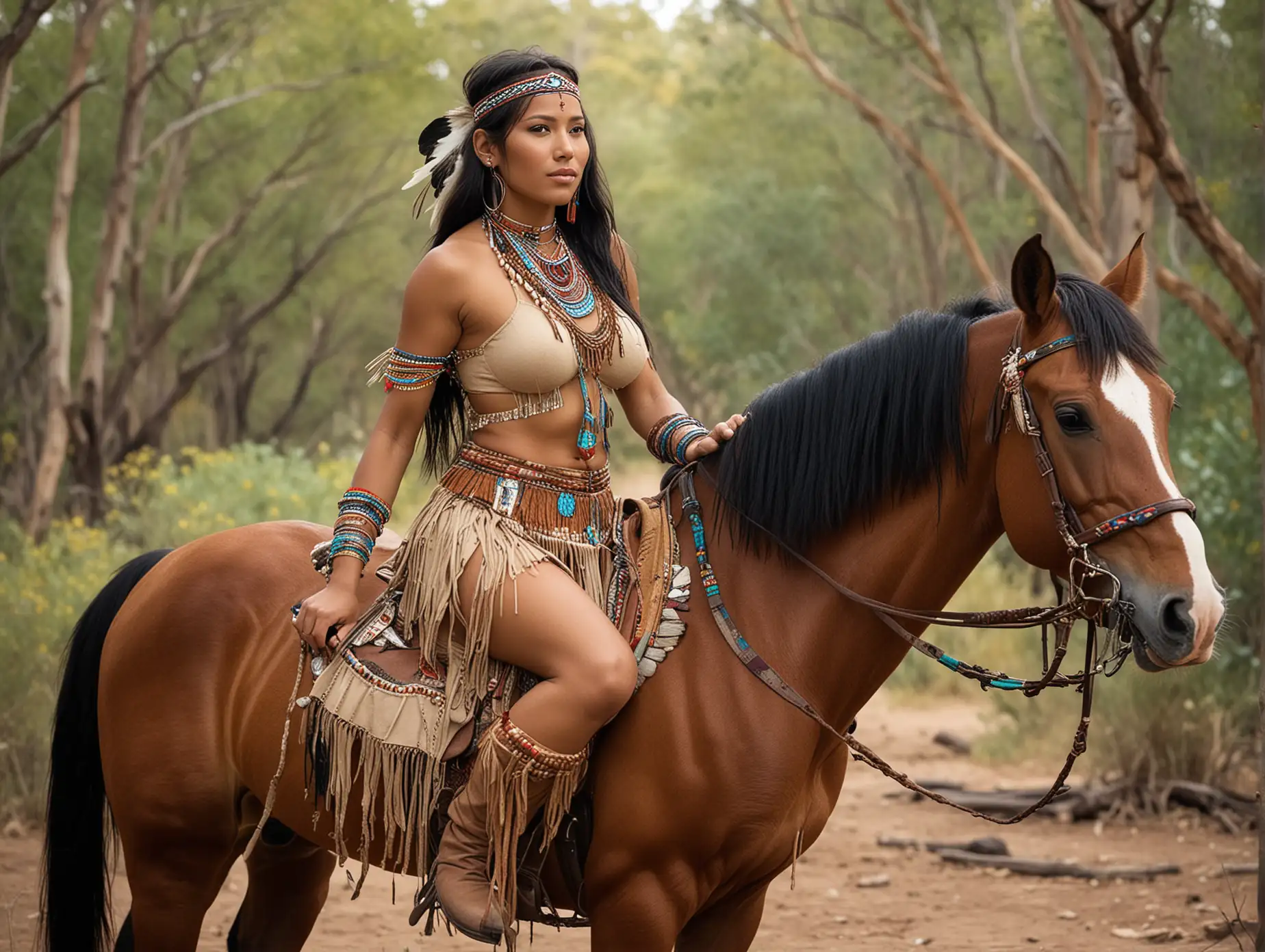 something sexy and rafined, likwa native american on a horse and dressed nicely showing her appeal in a magical native american environment