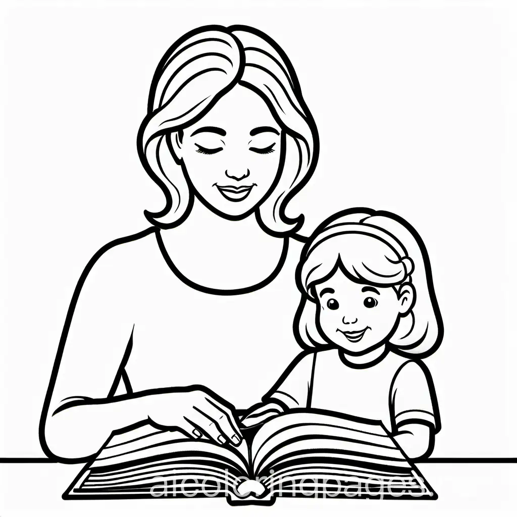 Mother read small book with kid, Coloring Page, black and white, line art, white background, Simplicity, Ample White Space. The background of the coloring page is plain white to make it easy for young children to color within the lines. The outlines of all the subjects are easy to distinguish, making it simple for kids to color without too much difficulty