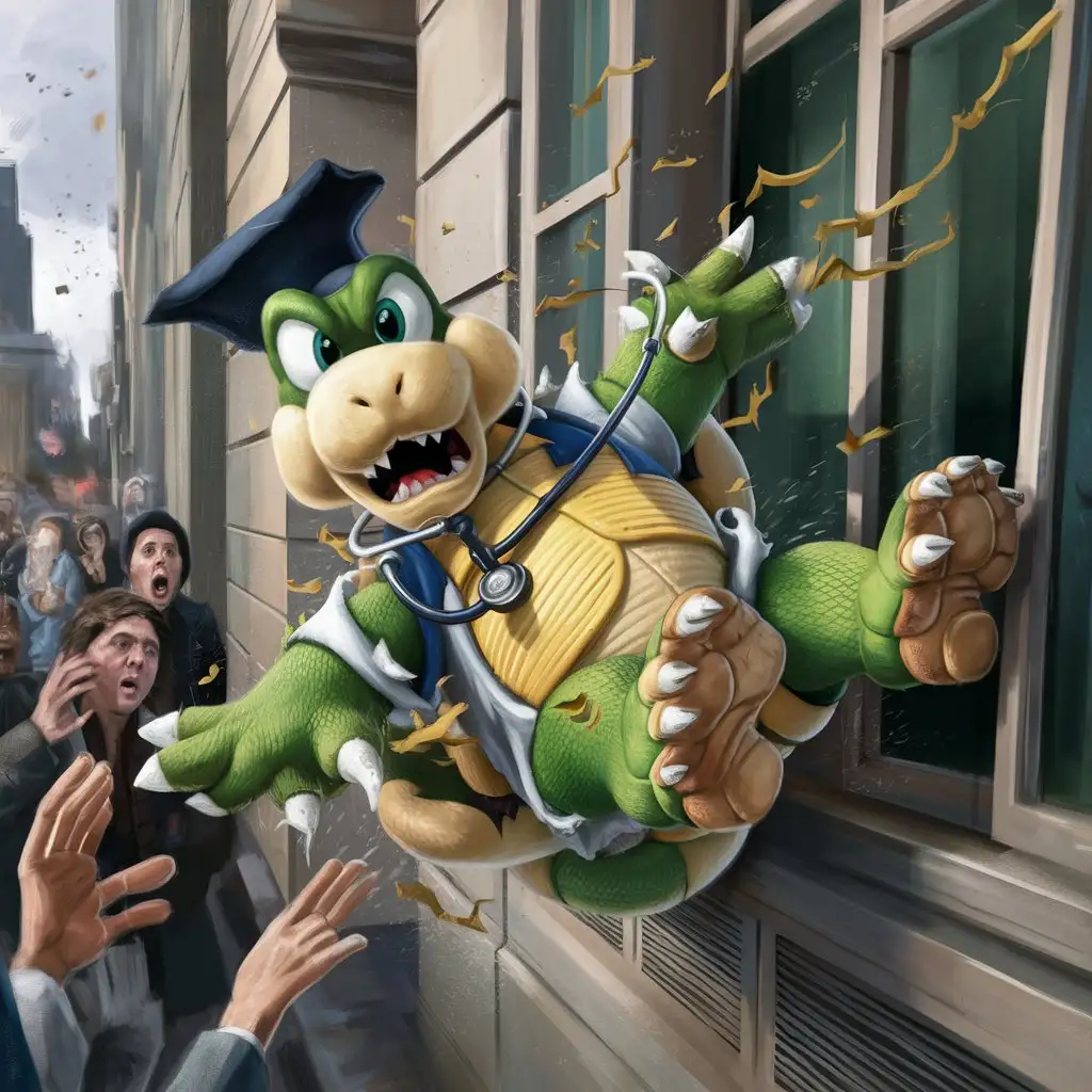 Koopa troopa doctor being thrown out of a window
