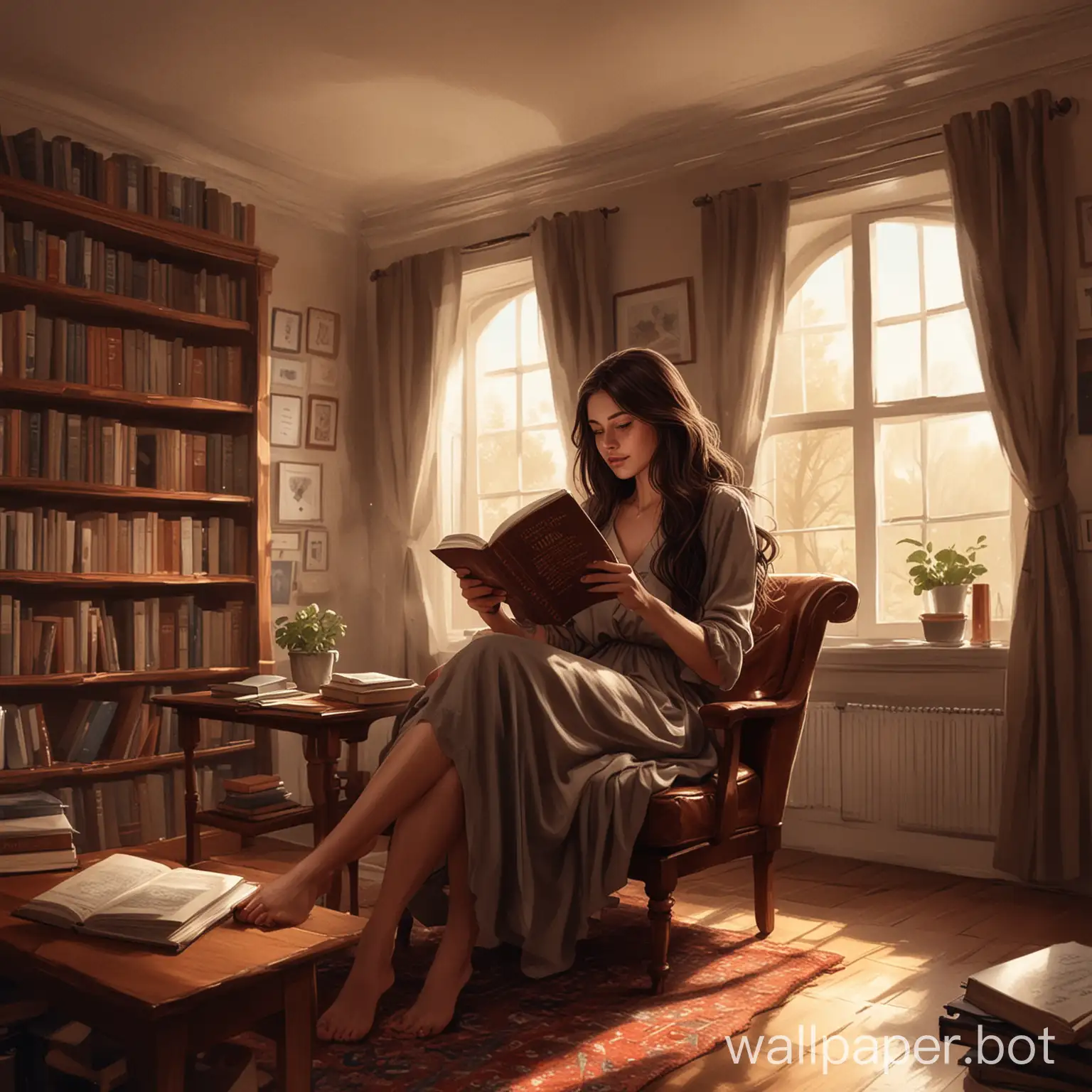 Woman-with-Dark-Brown-Long-Hair-Reading-Book-in-Reading-Room
