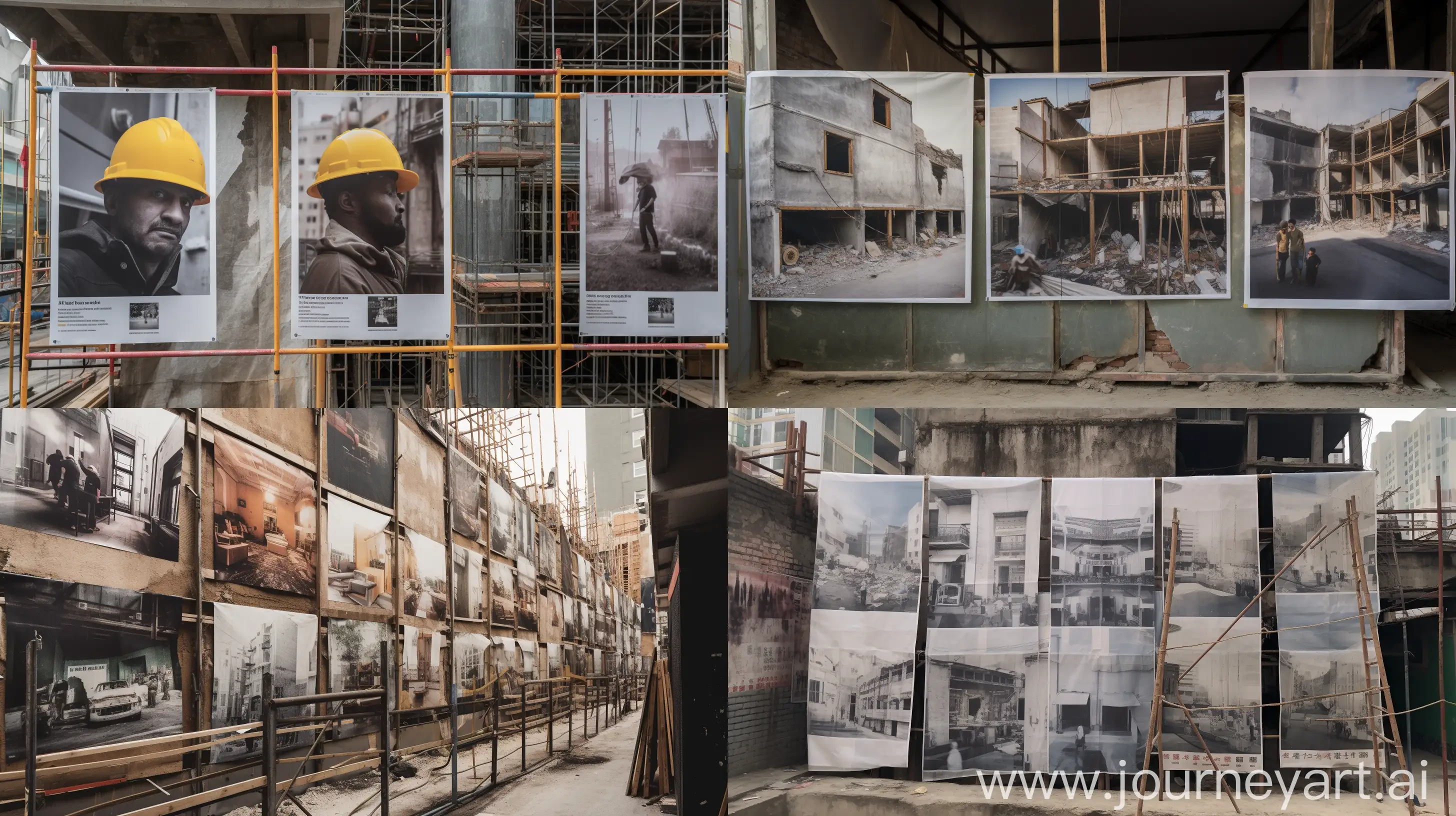 a photo exhibition featuring three large, wide-angle photos of construction sites, mounted on scaffolding in front of an wall like ad banners. The photos have holes and tears on them, through those wholes revealing smaller close-up photos behind them on the wall. --ar 16:9 --v 5