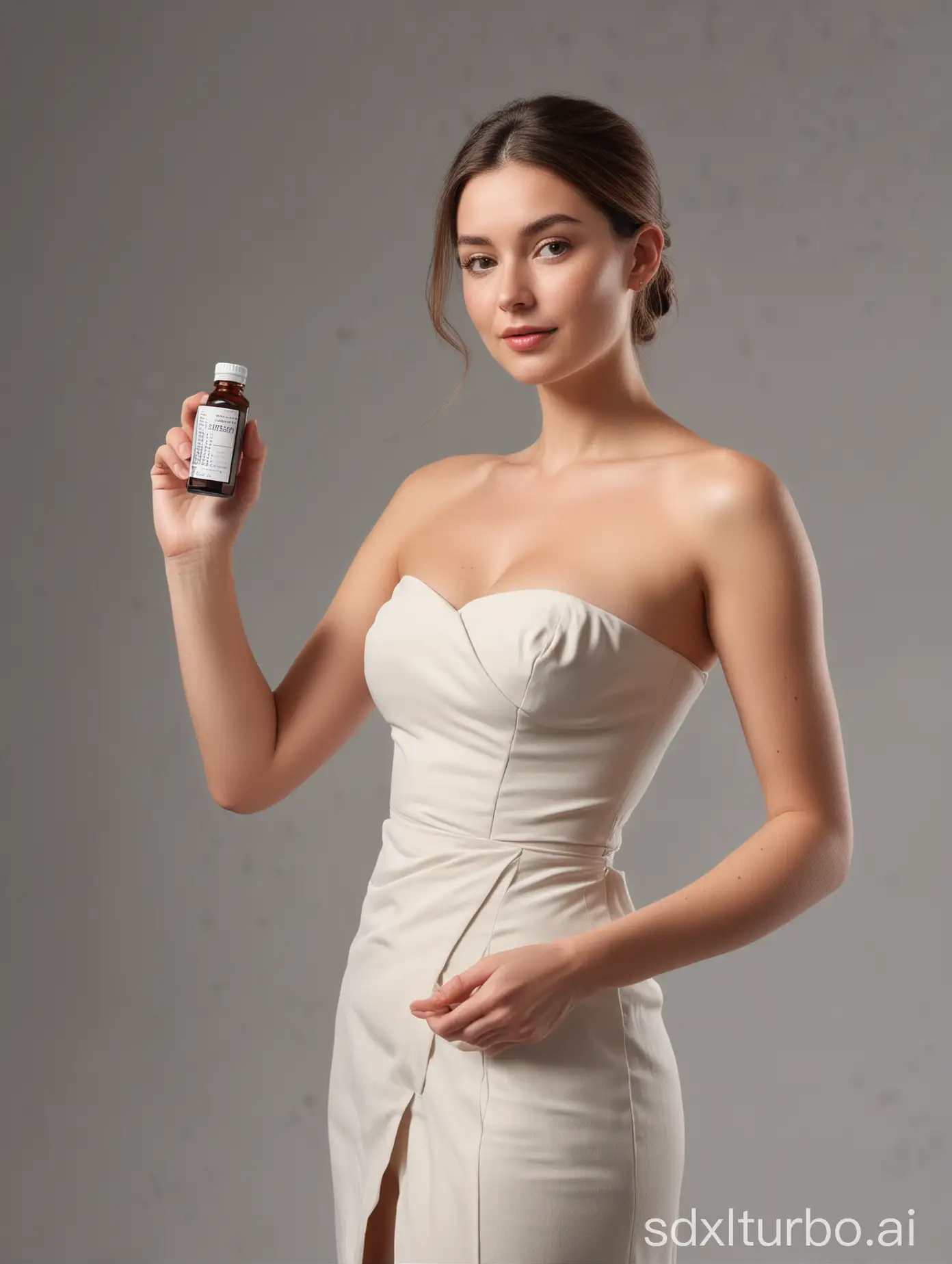 wearing a strapless dress, holding a medicine bottle in her left hand, while her right hand is placed on her hip, elegant posture, confident expression, gracefully showcasing the label to the viewer with a steady hand, fingers delicately tracing the details on the label, precise hand positioning, healthcare product presentation, indoor studio setting, bright lighting, high-quality image