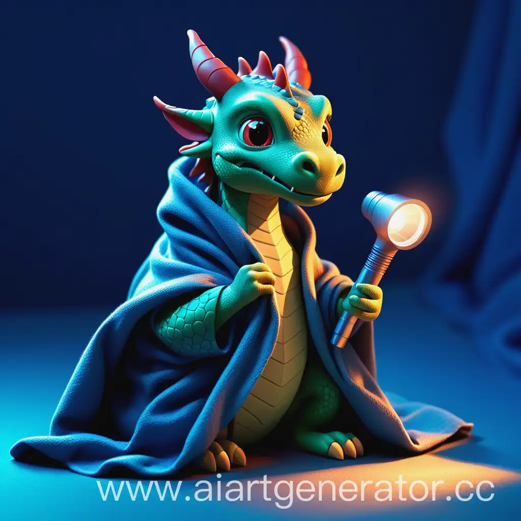 милый дракон сидит под одеялом с фонариком, стикер, синий фон, рисунок