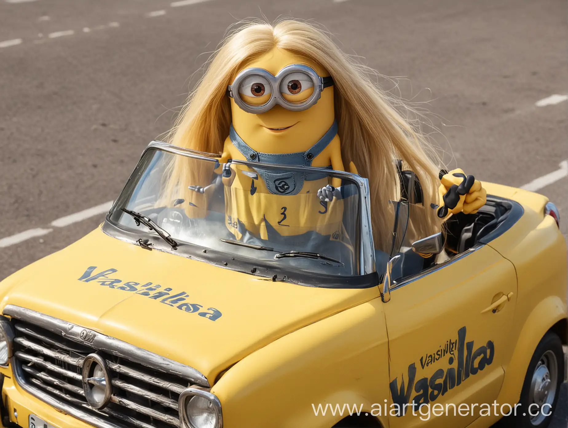 a minion with long blond hair sits on the hood of a yellow car with the name Vasilisa clearly written on it