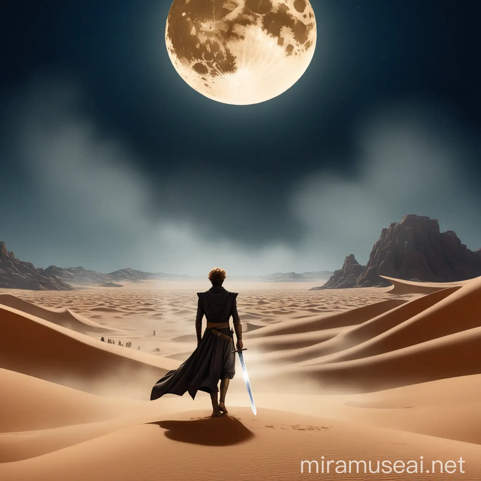 desert landscape with a man from behind, dressed like in the movie Dune with a sword, a full moon, and a mist