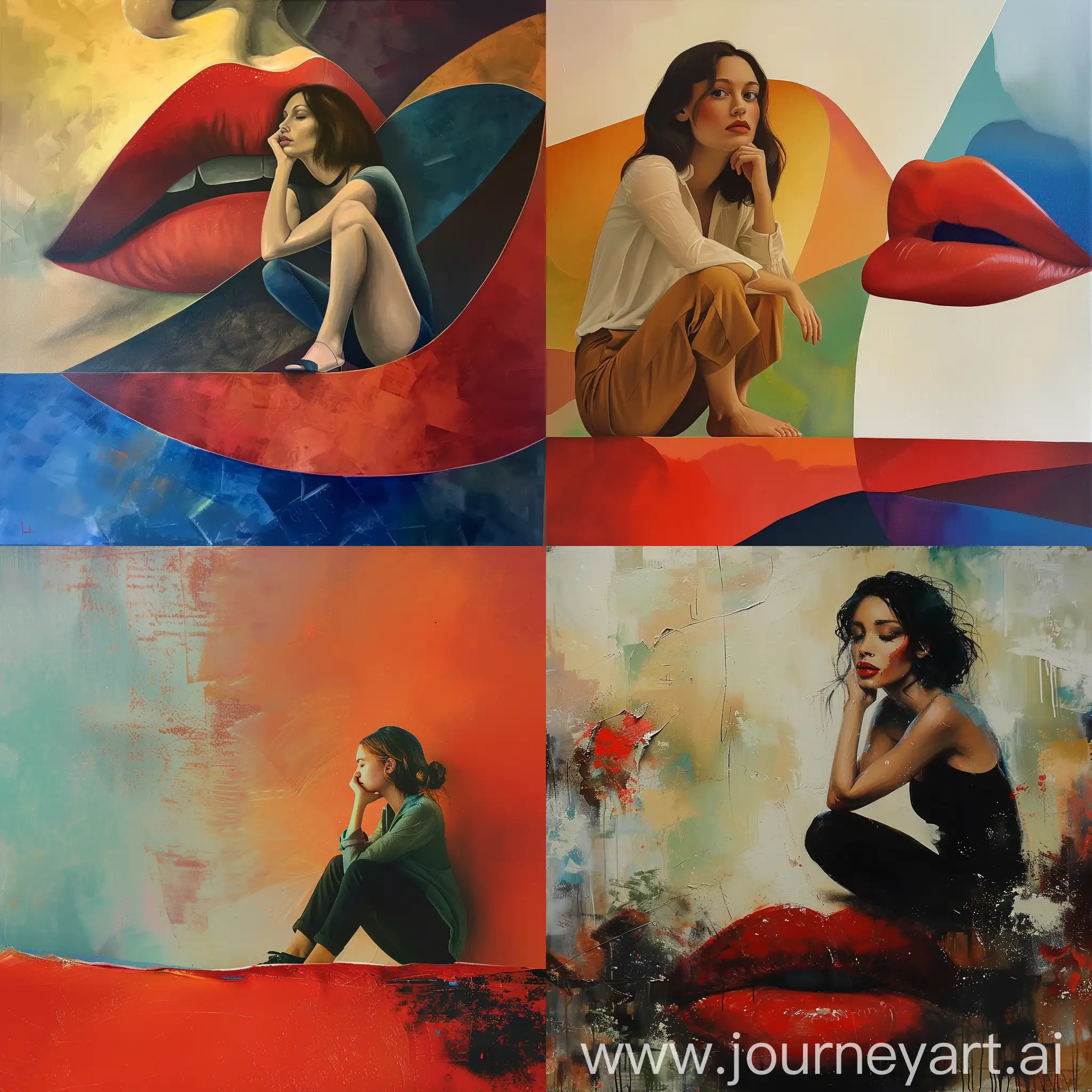 W głębi myśli siedzi kobieta na brzegu czerwonych ust. Abstrakcyjna kompozycja kolorów.