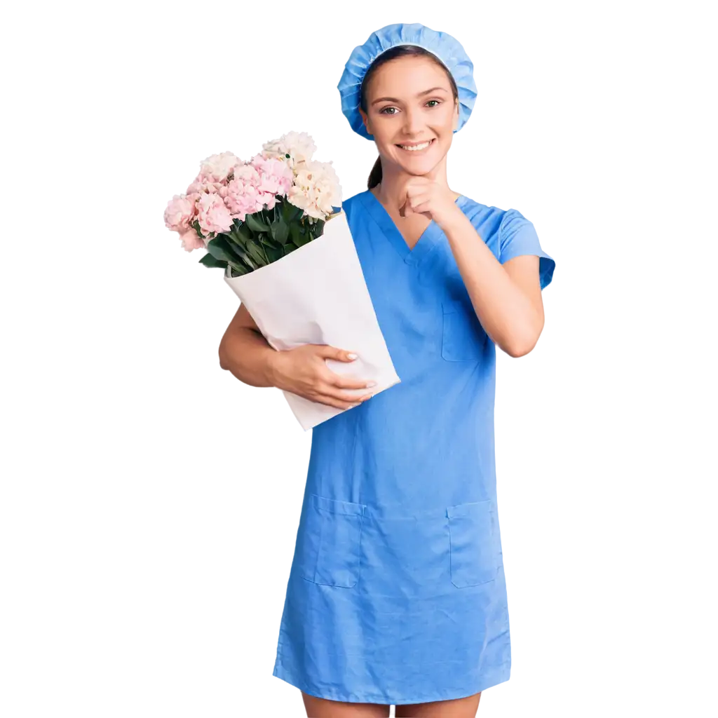 Девушка медицинский работник в медицинском халате и шапочке, она улыбается и держит цветы в руках
