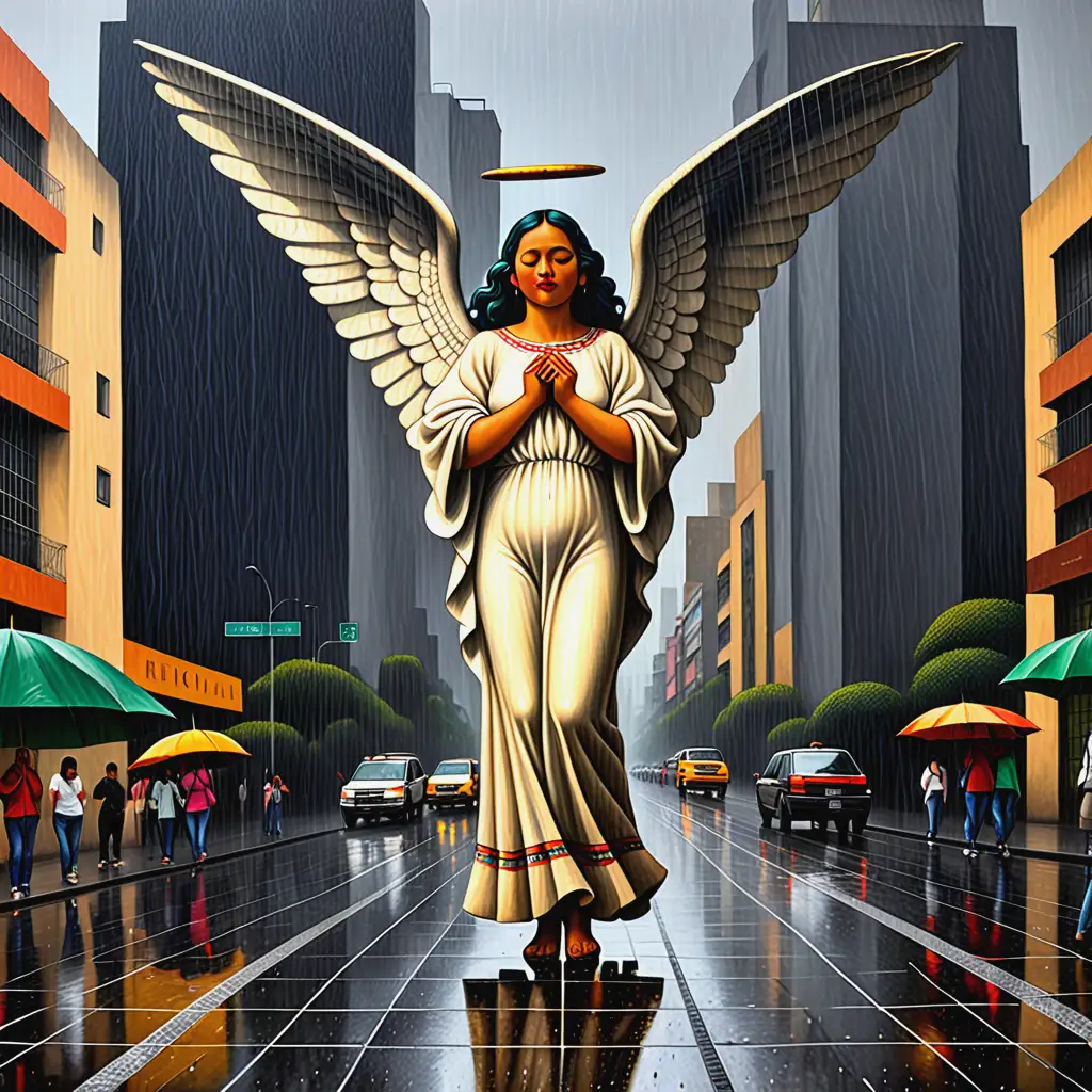 Diego Rivera Style Mural Mexico City Angel on Reforma in Rain