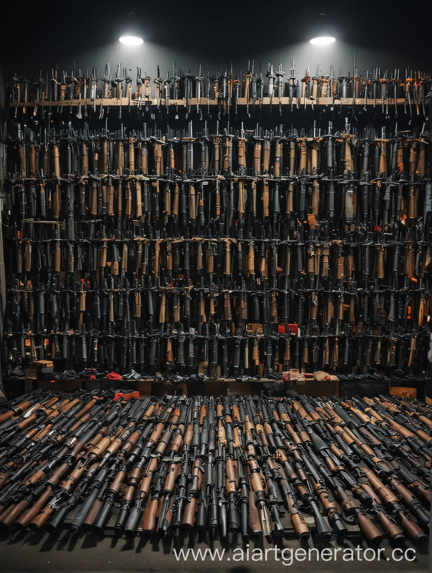 Создай фотографию с ночным рынком из оружия, где везде будет оружие для покупки