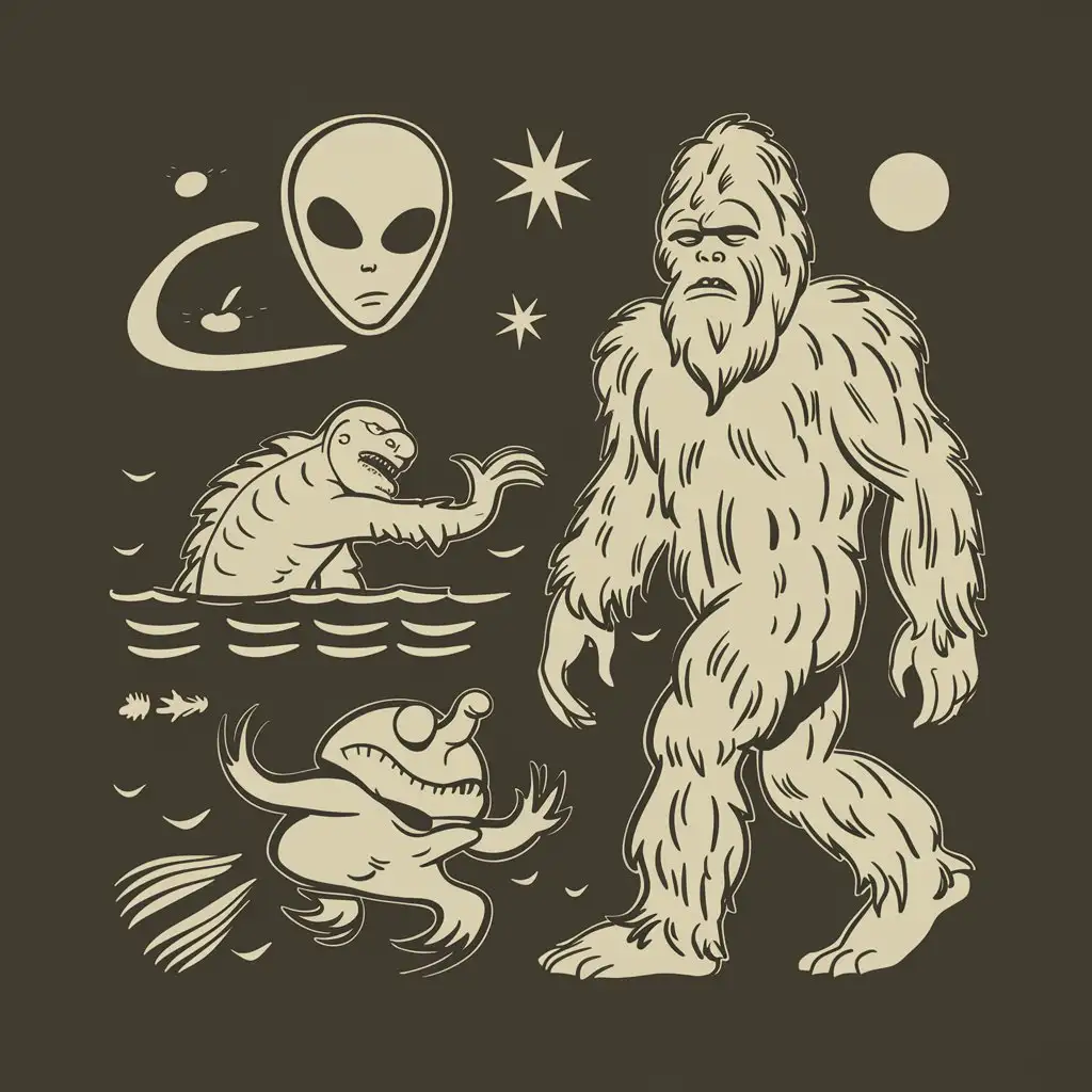 comic book style vintage cartoon drawing of a creature from black lagoon, big foot and alien together very simple drawing with minimal details