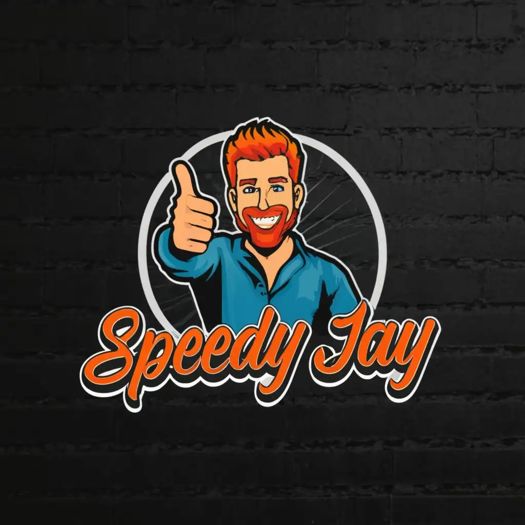 a logo design,with the text "Speedy Jay", main symbol:a smiling man with very long and flashy red hair, wearing a classy shirt, giving thumbs up and winking
slogan: Let's keep that AHT short,Minimalistic,be used in Travel industry,clear background