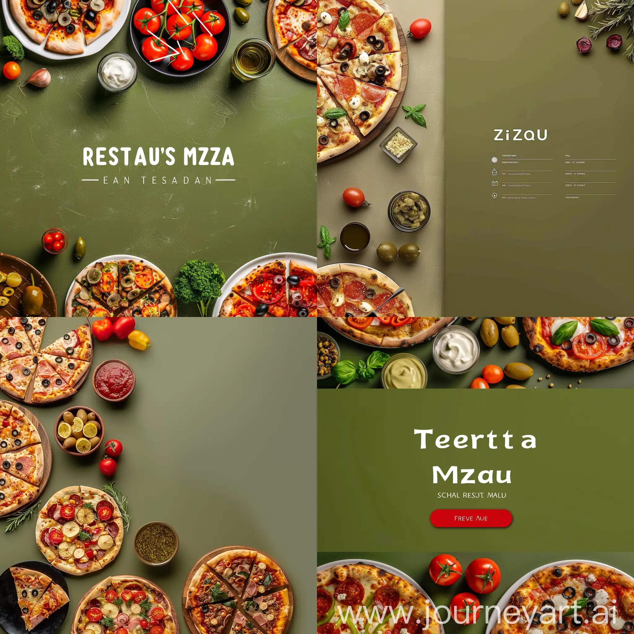 pizza resturant menu page with appetizers, olive green background