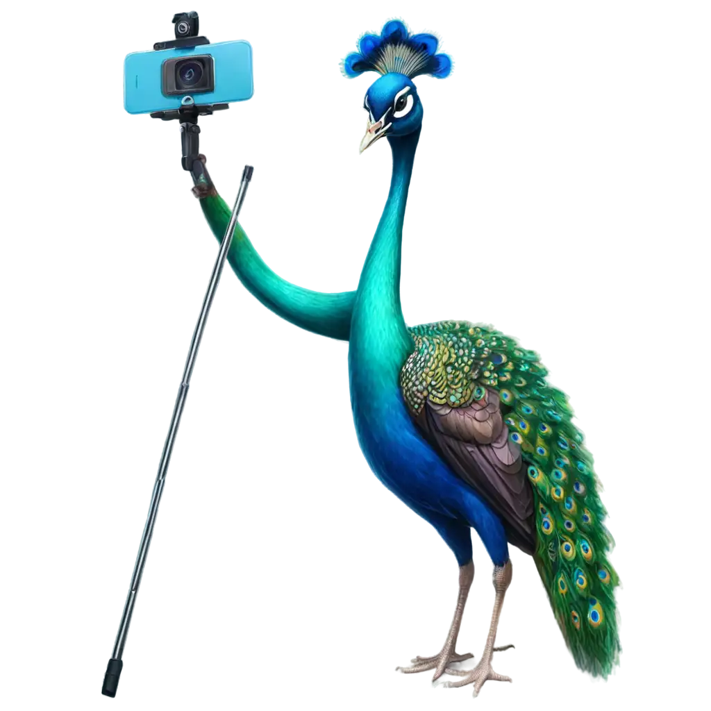 Pretty cartoon peacock taking selfie with selfie stick