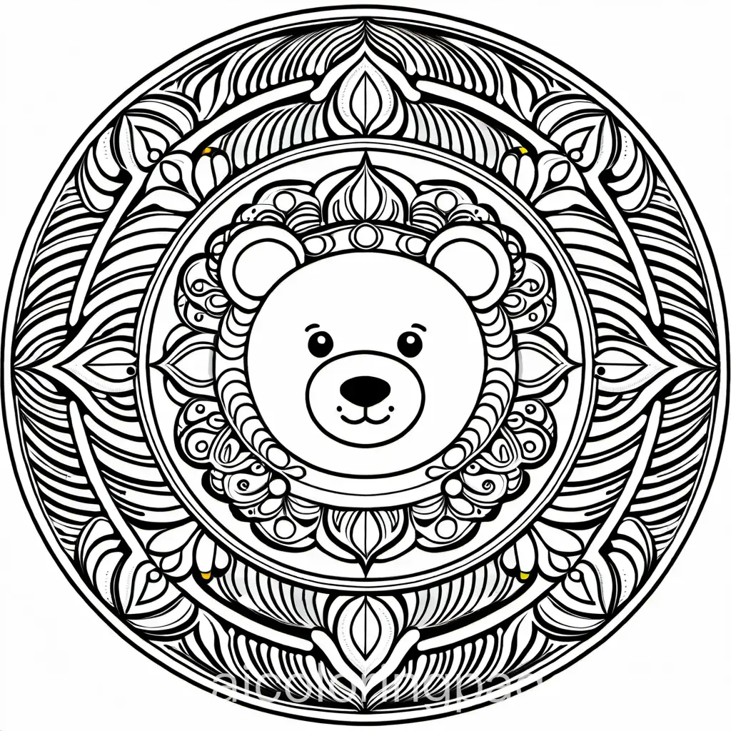 Teddy Bear mandala, Coloring Page, black and white, line art, white background, Simplicity, Ample White Space. The background of the coloring page is plain white to make it easy for young children to color within the lines. The outlines of all the subjects are easy to distinguish, making it simple for kids to color without too much difficulty