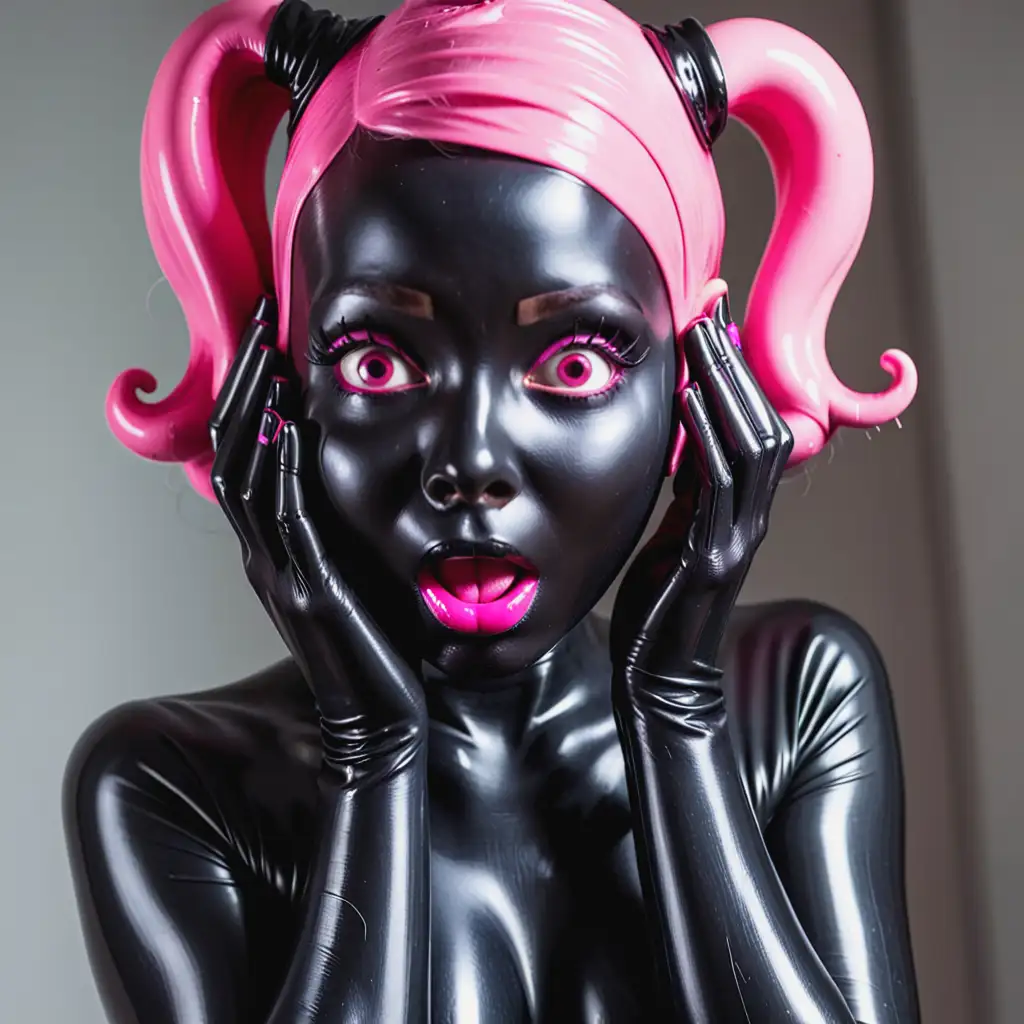 Латексная девушка с черной латексной кожей с розовыми резиновыми волосами с удивленным выражением лица держится руками за лицо