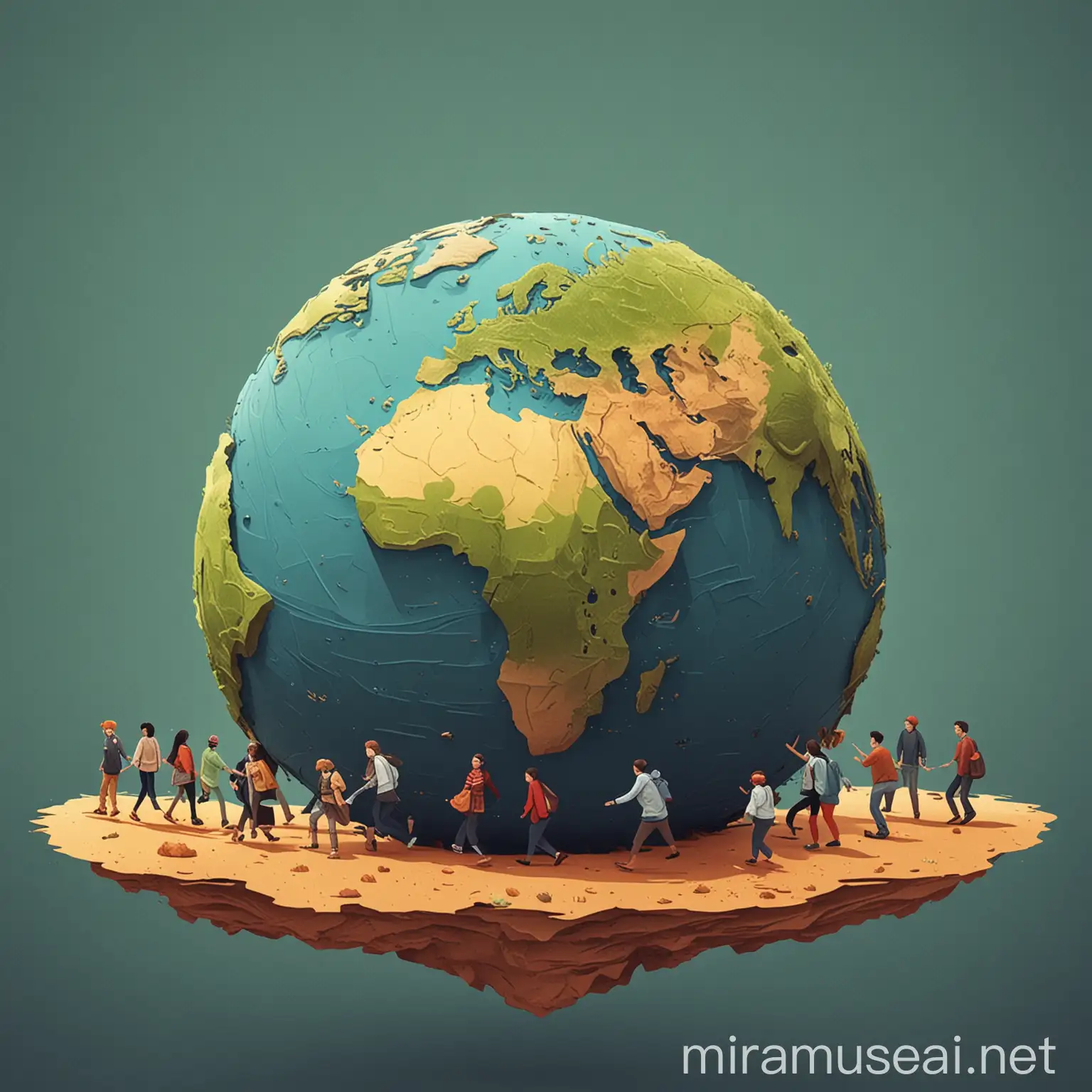 a flat illustrator 2d of the earth an 6 people sourrounding to save it
