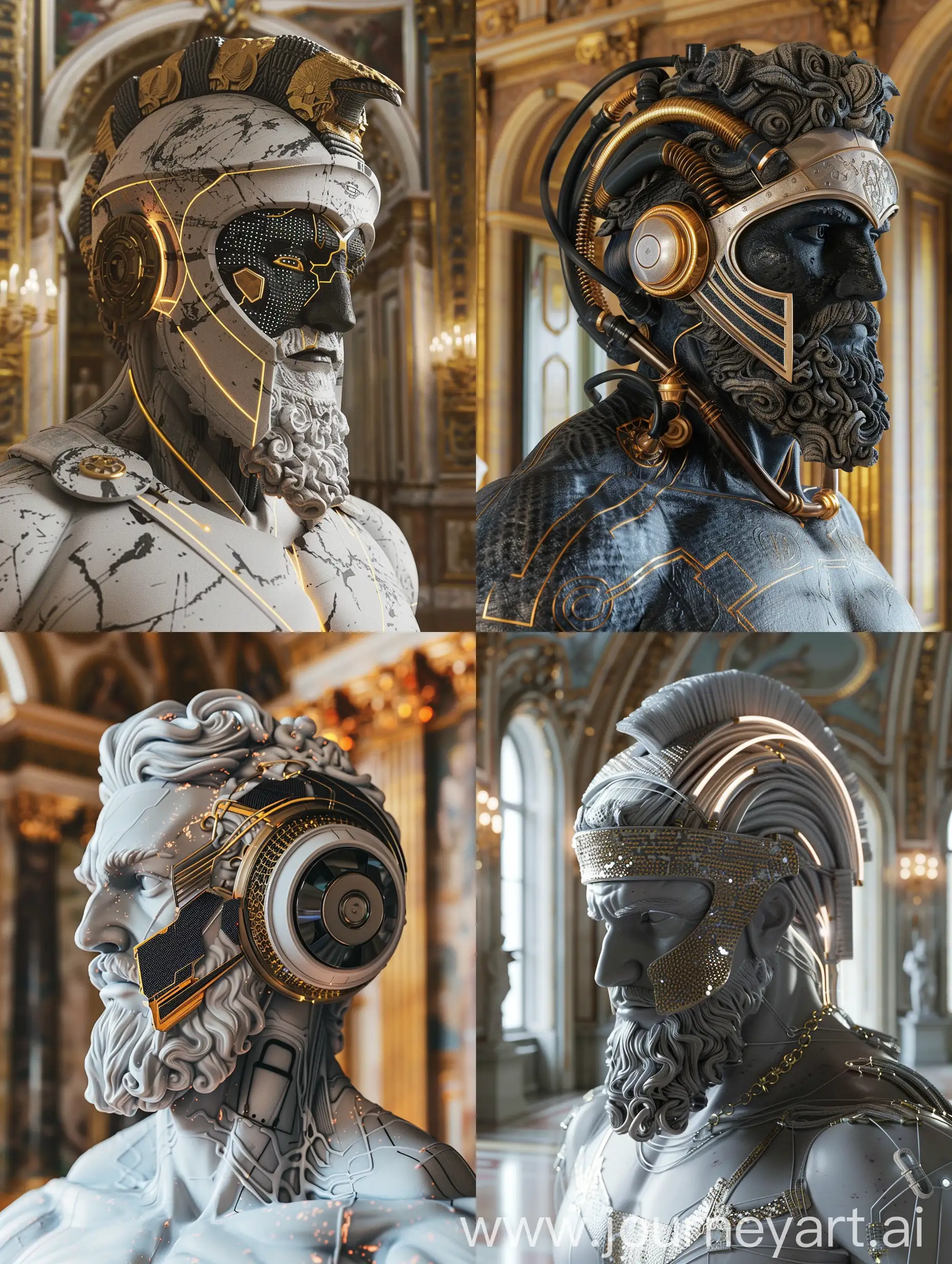 In a French Renaissance-style museum, a hyper-realistic sculpture of Zeus takes center stage. Against the backdrop of opulent surroundings, the sculpture portrays Zeus with intricate details, blending ancient Greek aesthetics with futuristic elements.

The sculpture's cybernetic helmet seamlessly integrates with Zeus's divine features, featuring carbon fiber textures with golden filigree accents. Sleek metallic accents add depth to the design, while pulsating energy conduits enhance the sculpture's dynamic presence.

As visitors approach, they are greeted by the mesmerizing sight of Zeus, exuding an aura of power and majesty. The fusion of ancient mythology and modern technology is palpable, symbolizing the timeless allure of Greek mythology in a contemporary setting.