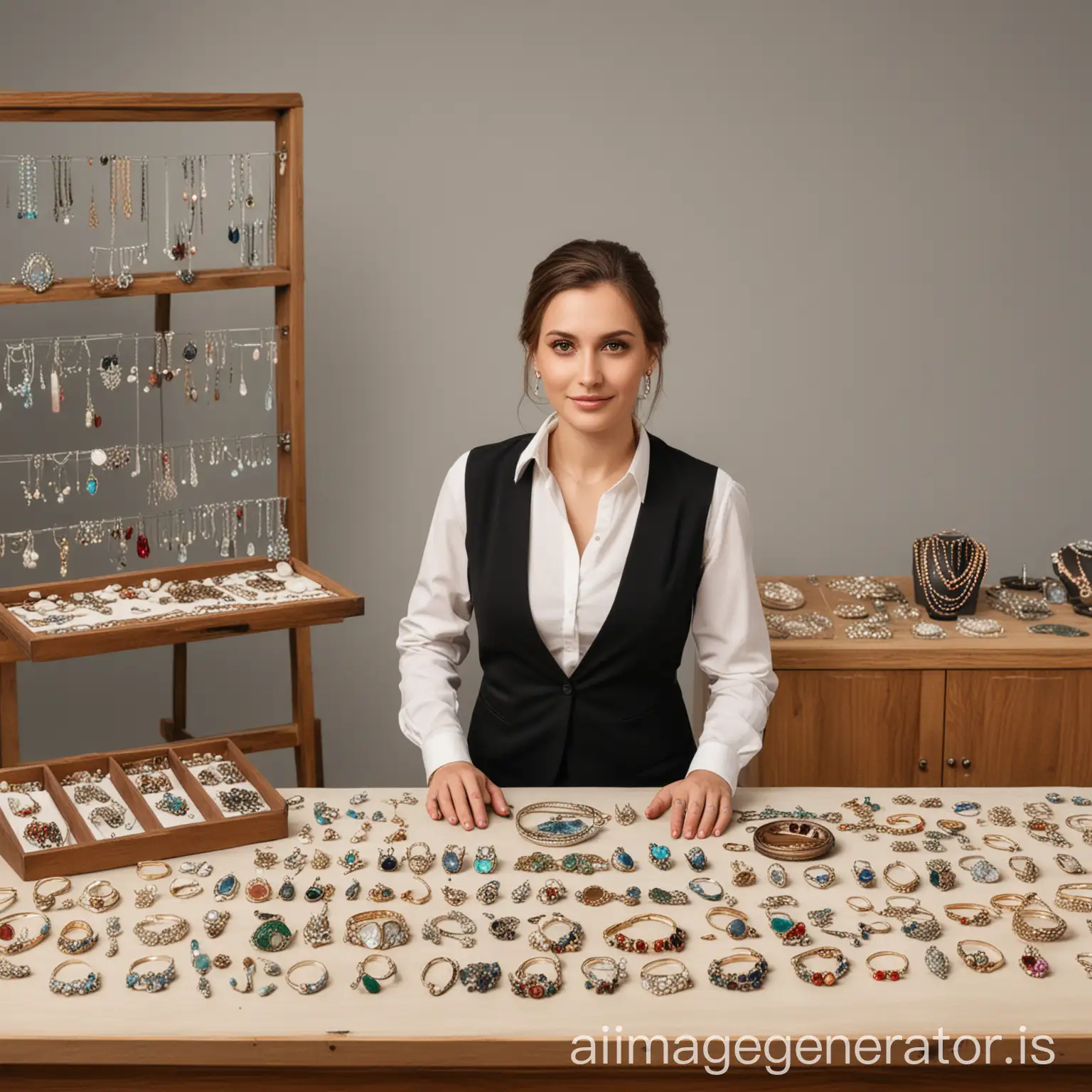 employee stands behind the table showing jewelry, can see employee and whole table, no background