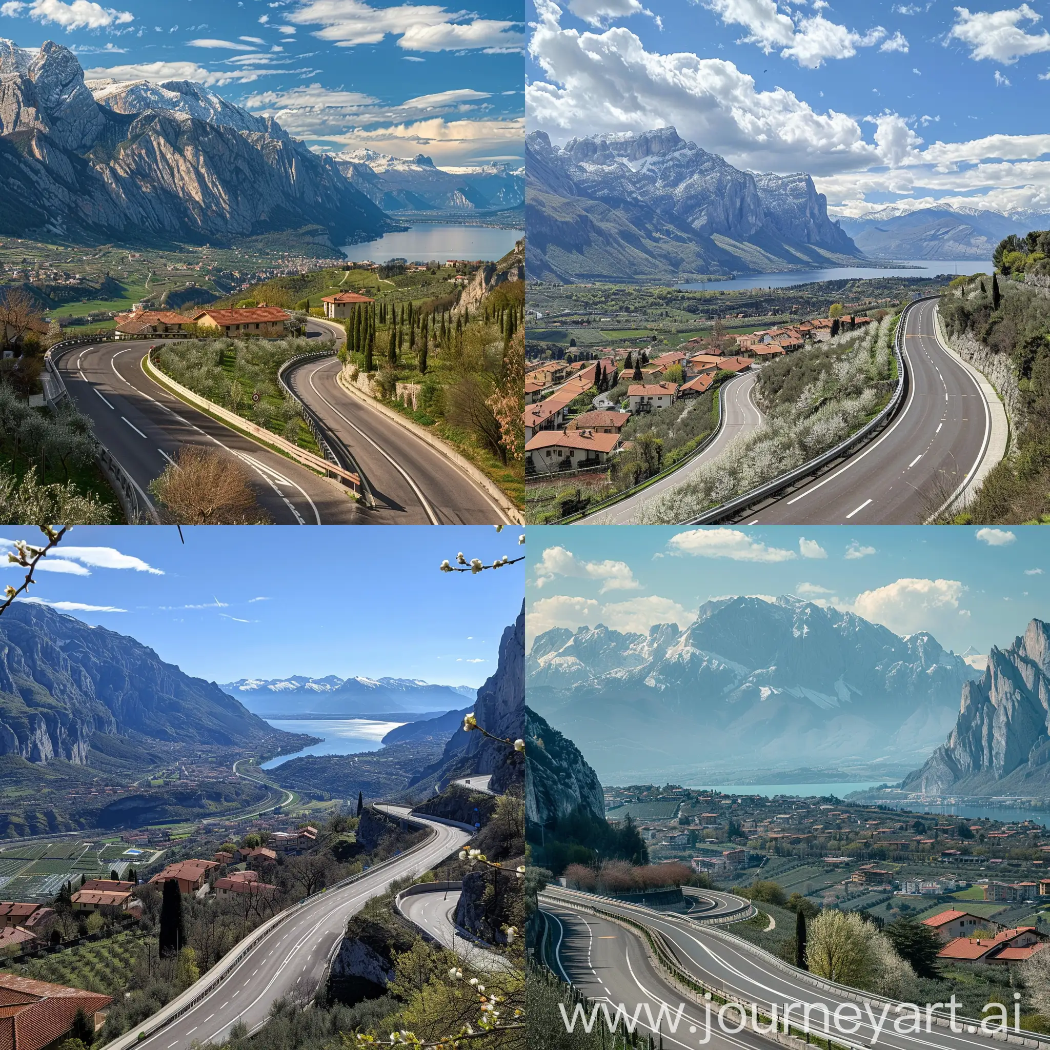  A breathtaking view of the Dolomite Alps in early spring, as seen from a winding highway. The Sarca valley stretches out below, with Riva del Garda town roofs, olive groves and the sparkling waters of Lake Garda in the distance