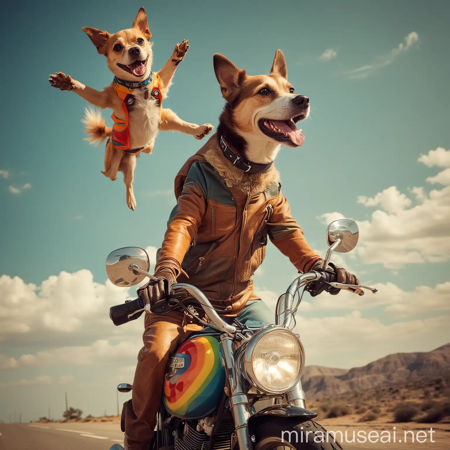 Je voudrais une image un peu déjantée d"homme sur sa moto comme si il était un peu en l'air . sur le coté je veux une image d'un chiant souriant. l'expression de l'homme doit sérieuse mais cool . mais de la couleur. Ecris en haut de l'image PAPA BIKE