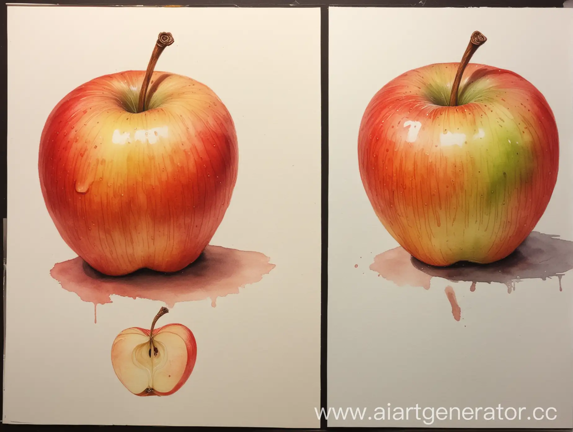 Академический рисунок, красками акварелью, рисуем яблоко в теплом колорите, соблюдая тональность, на другом яблоко в холодном колорите.