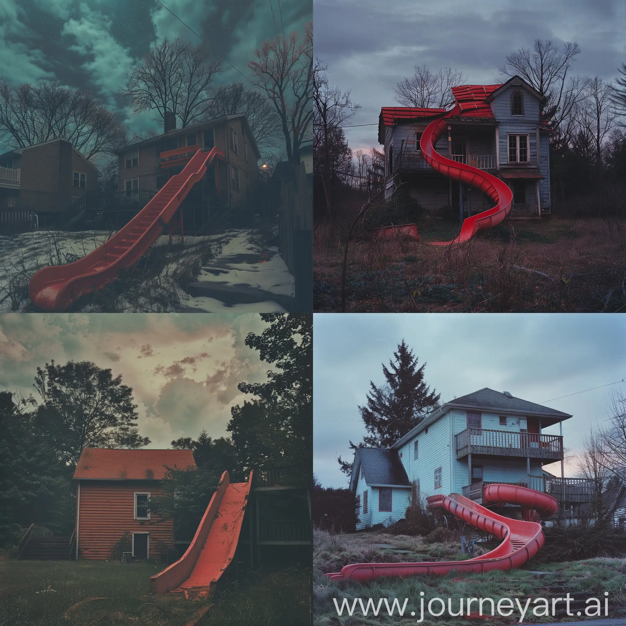 Liminal space, fake sky, eerie, nostalgic, red slide, house