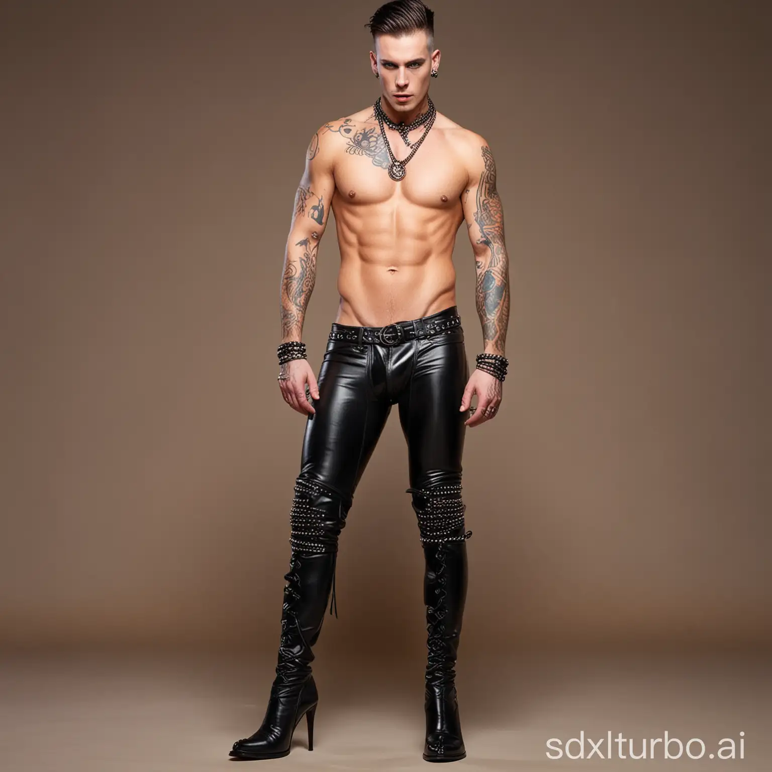 Bold-Fashion-Statement-Naked-Man-in-High-Heel-Overknee-Boots-with-Extreme-Piercings