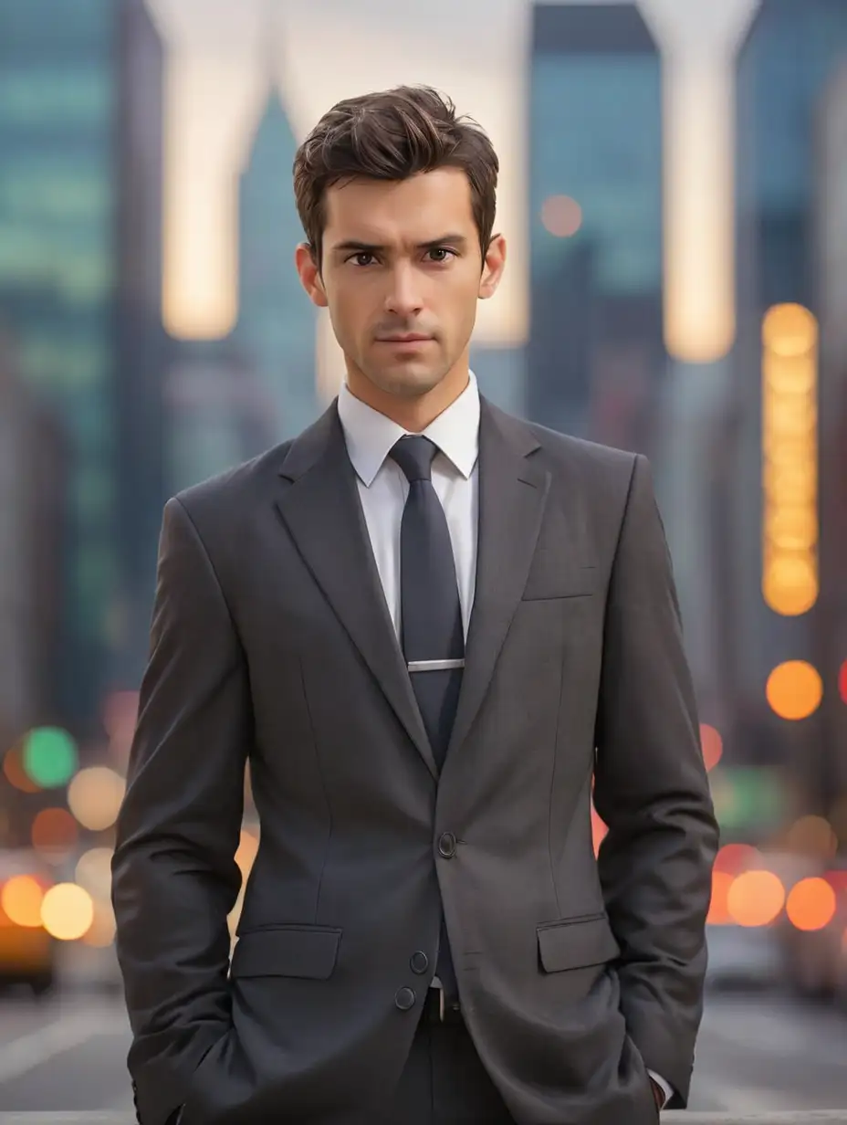 business man with blurred city behind
