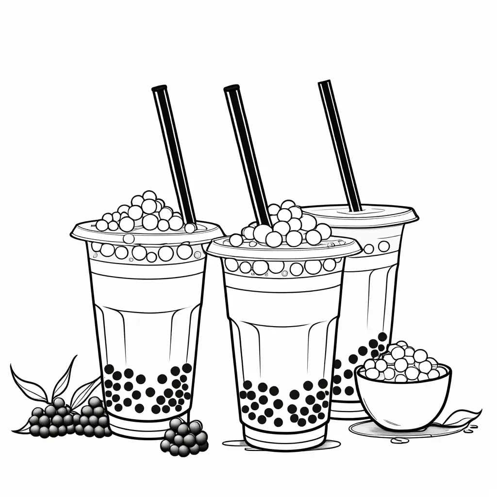 Bubble tea, Coloring Page, black and white, line art, white background, Simplicity, Ample White Space. The background of the coloring page is plain white to make it easy for young children to color within the lines. The outlines of all the subjects are easy to distinguish, making it simple for kids to color without too much difficulty